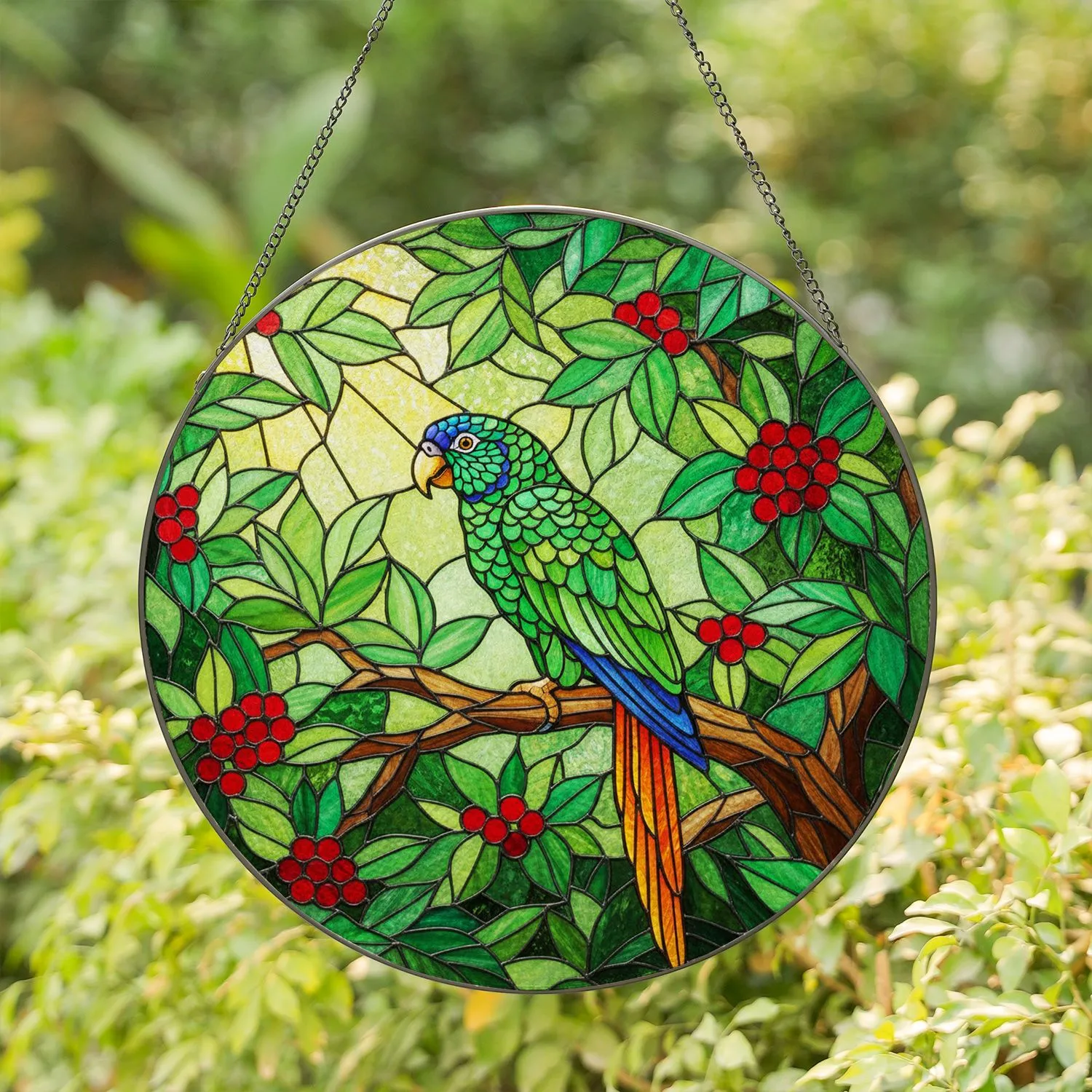 Green Parrot Stained Glass Art - Tiffany Jungle Canopy Jewel Tones Stained Glass Suncatcher - 1