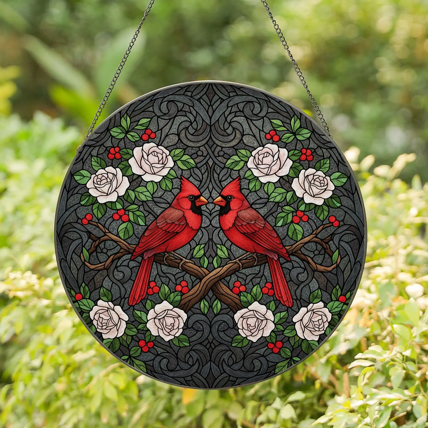 Red Cardinals Male Female Tiffany Stained Glass - Rose Berry Mosaic Jewel Tones Stained Glass Suncatcher - 1