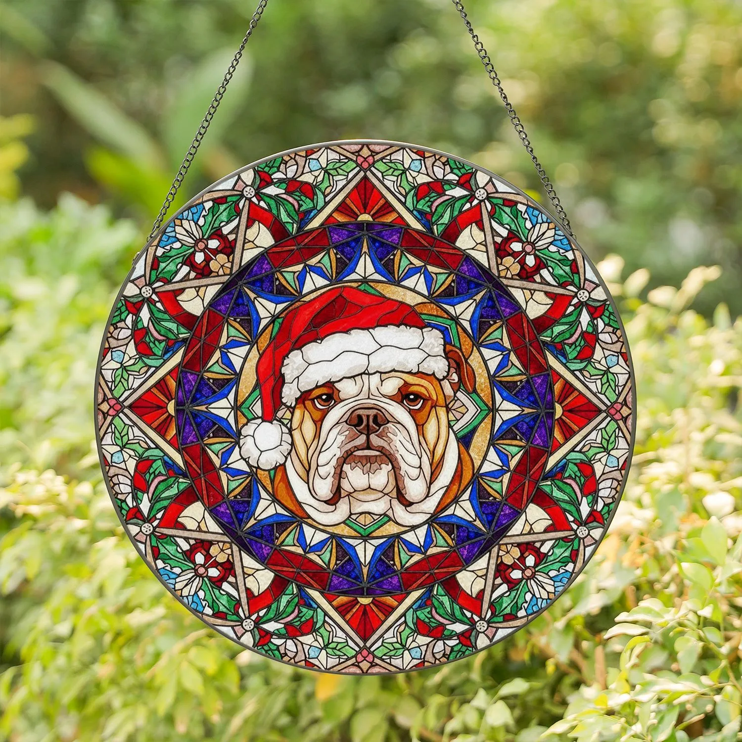 Bulldog Santa Hat Stained Glass Tiffany Art Mosaic - Christmas Holiday Dog Decor Gift Stained Glass Suncatcher - 1