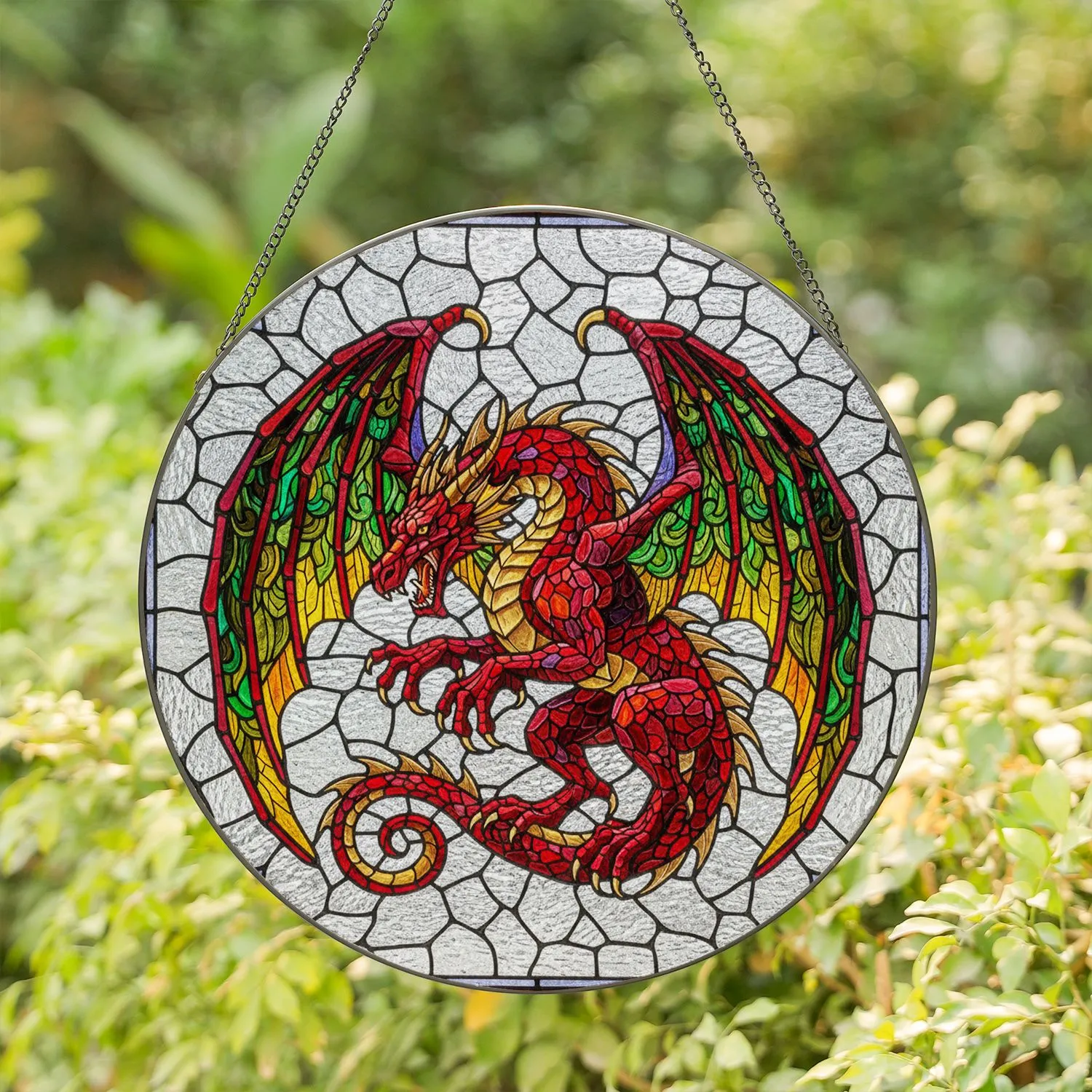 Vibrant Dragon Stained Glass Art - Majestic Pouncing Dragon with Ornate Wings & Jewel Tones Stained Glass Suncatcher - 1