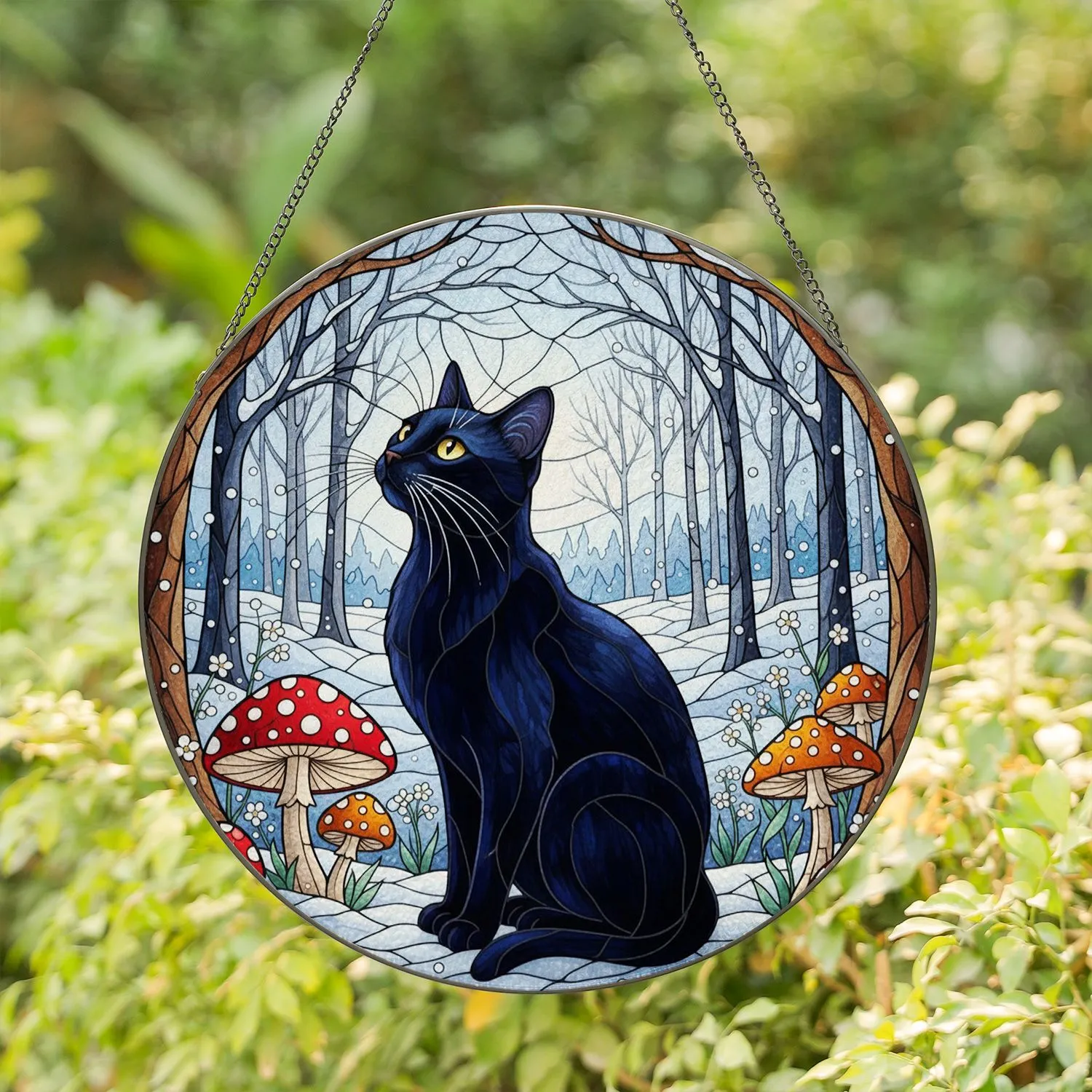 Black Cat Yellow Eyes Toadstools Mushrooms Winter Forest Snow Tiffany Glass Style Art Stained Glass Suncatcher - 1