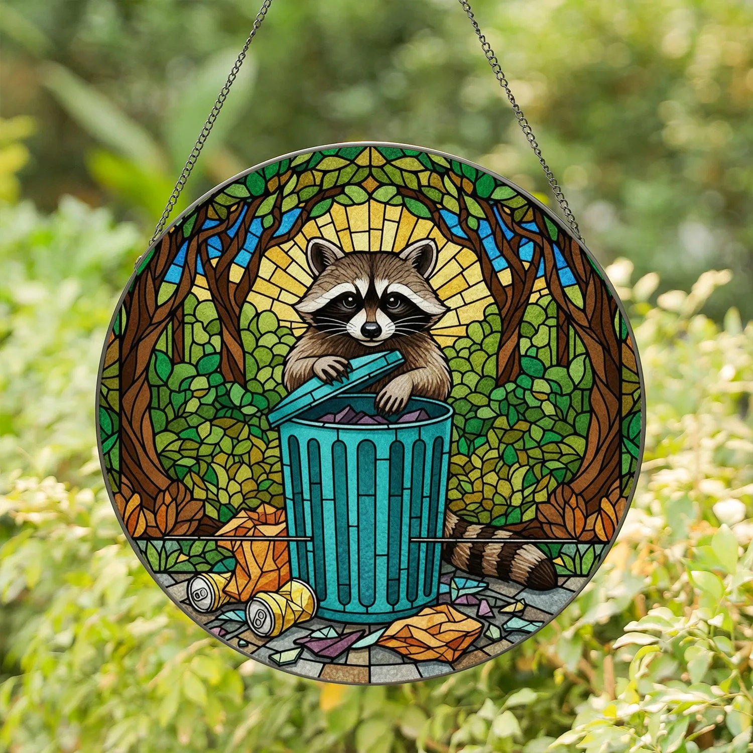 Mischievous Raccoon Peeking Trash Can Stained Glass Tiffany Art - Urban Park Scene Stained Glass Suncatcher - 1