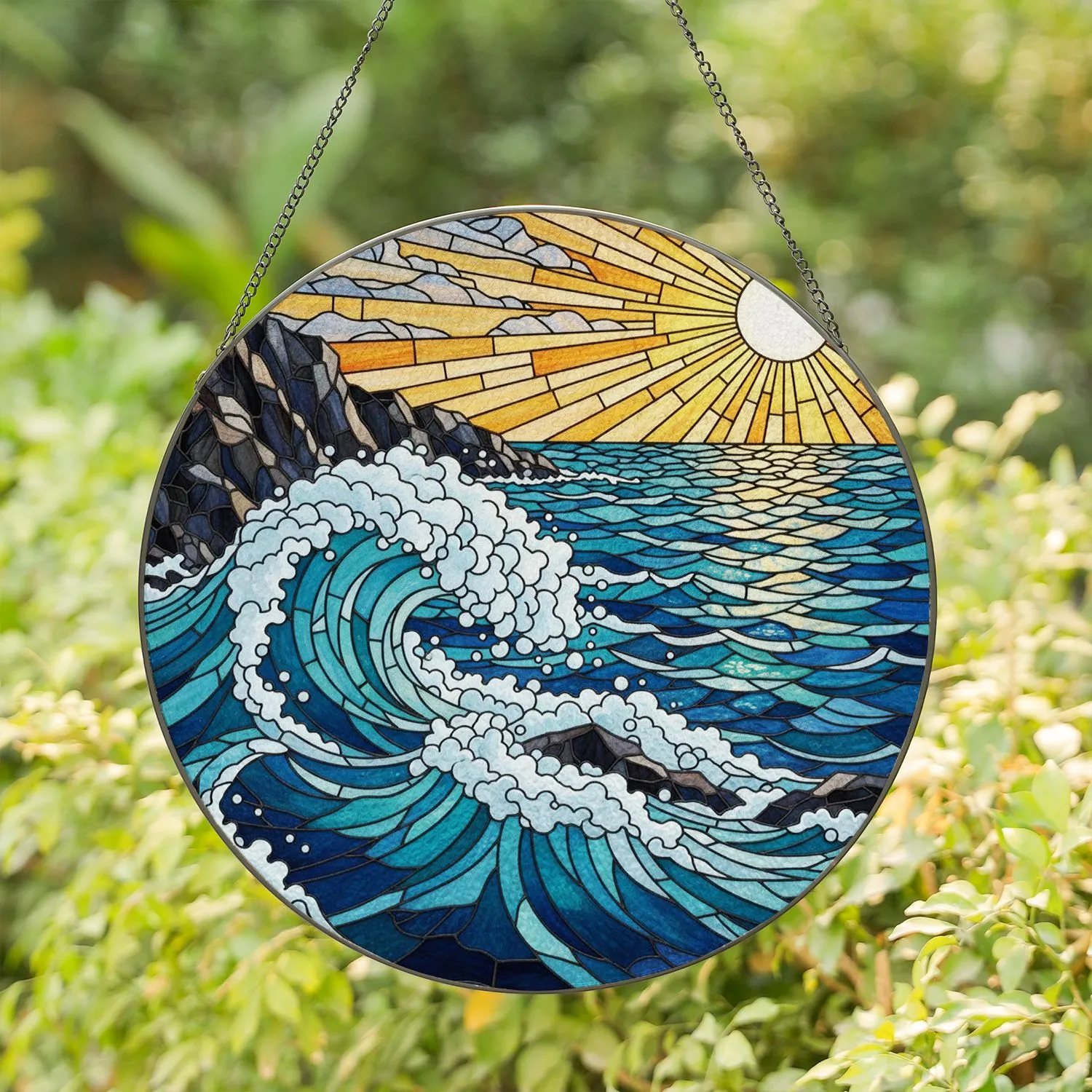 Powerful Ocean Waves Crashing Coastline Sun Rays - Rugged Cliff Tiffany Style Artwork Stained Glass Suncatcher - 1