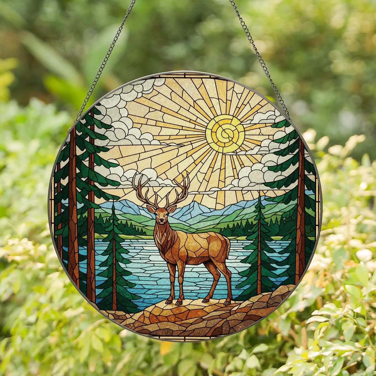 Stag Forest Mountain Lake Tiffany Stained Glass Art - Glowing Translucent Jewel Tones Stained Glass Suncatcher - 1