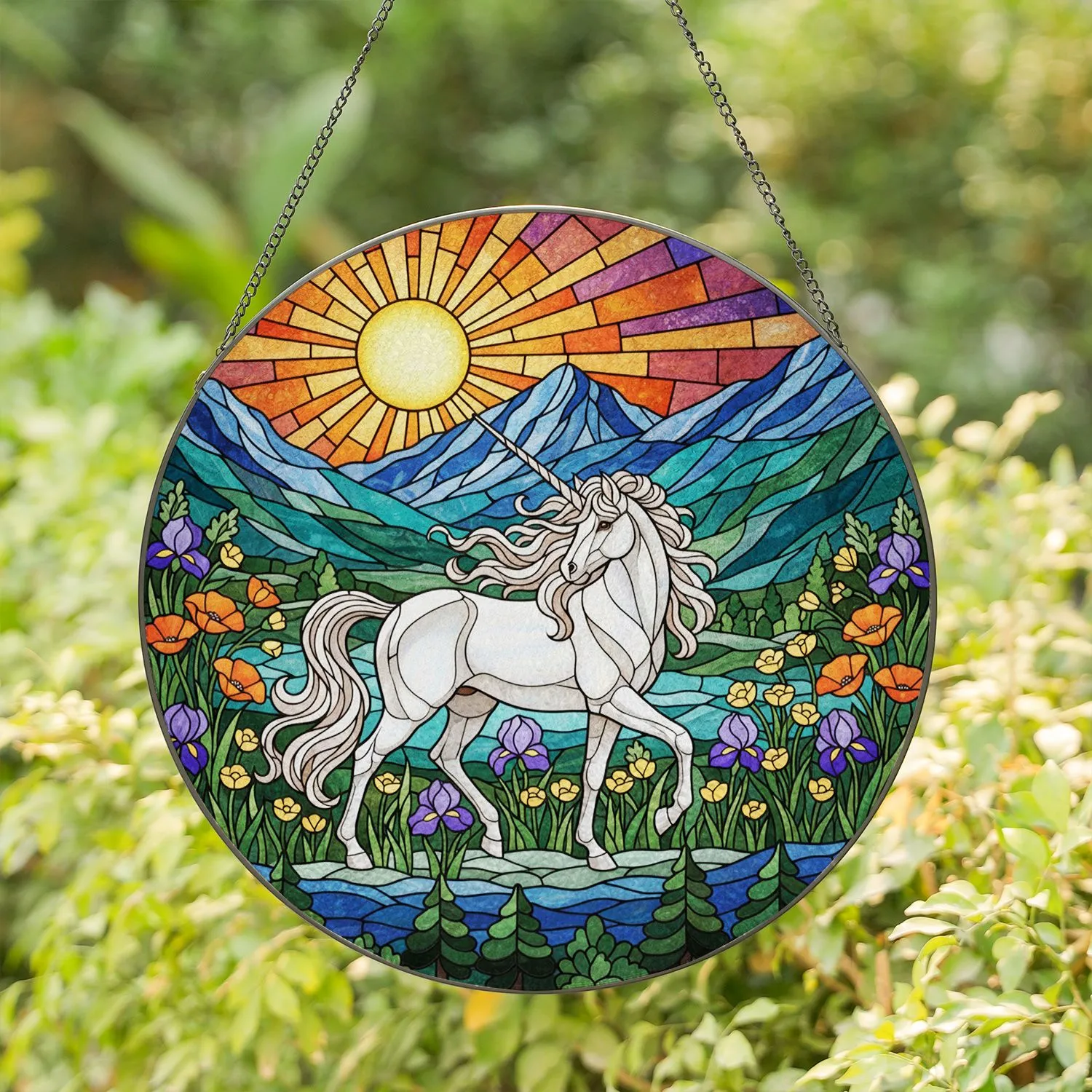Majestic White Unicorn Tiffany Stained Glass, Rolling Mountains, Wildflowers & Sun Stained Glass Suncatcher - 1