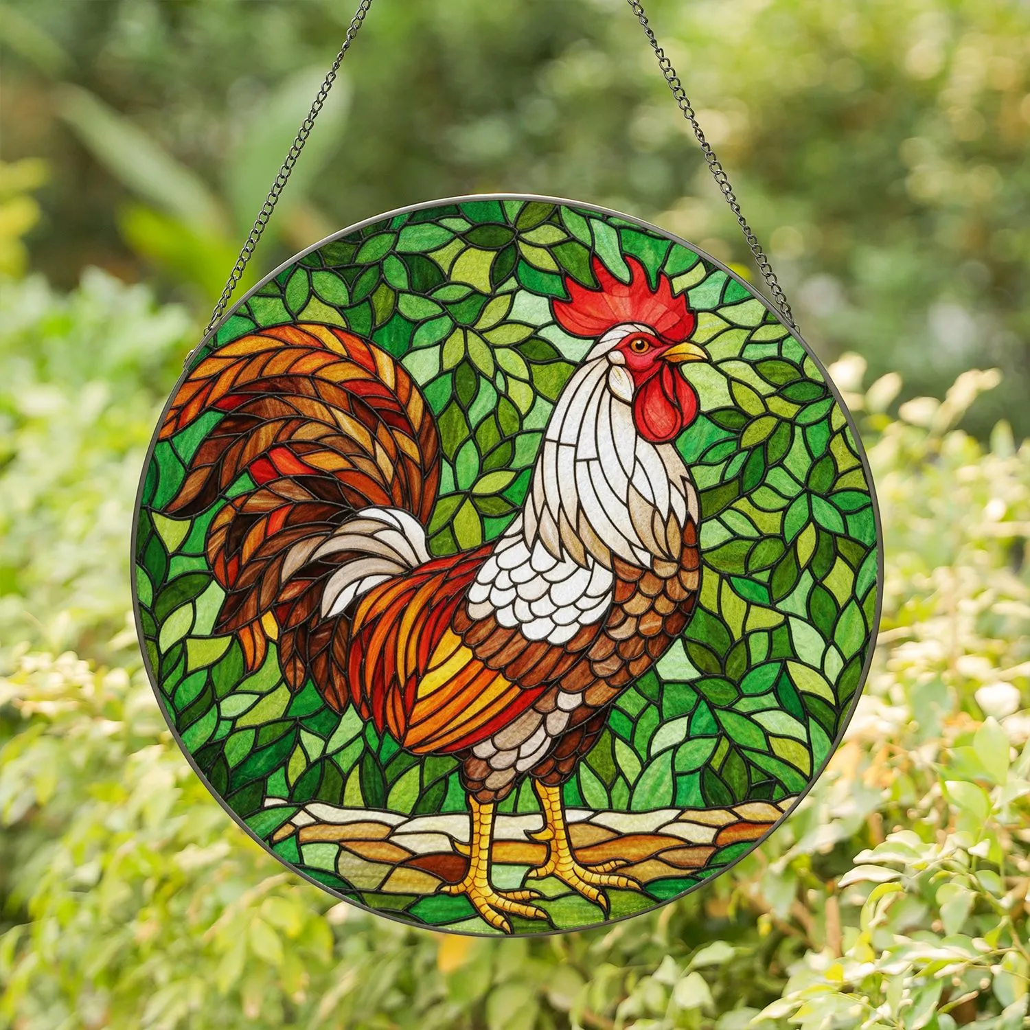 Majestic White Rooster Stained Glass Mosaic Art with Red Comb & Green Foliage Stained Glass Suncatcher - 1