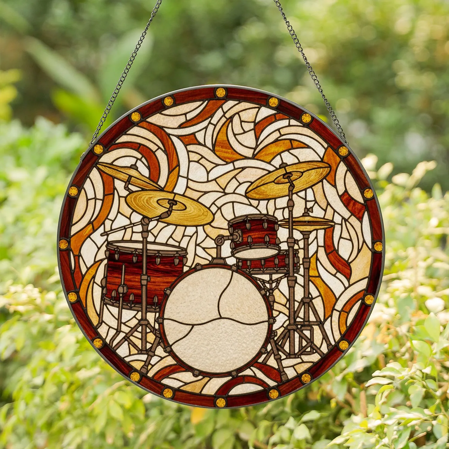 Classic Drum Set Stained Glass Artwork - Tiffany Style Music Instrument Drummer Lover Gift Stained Glass Suncatcher - 1