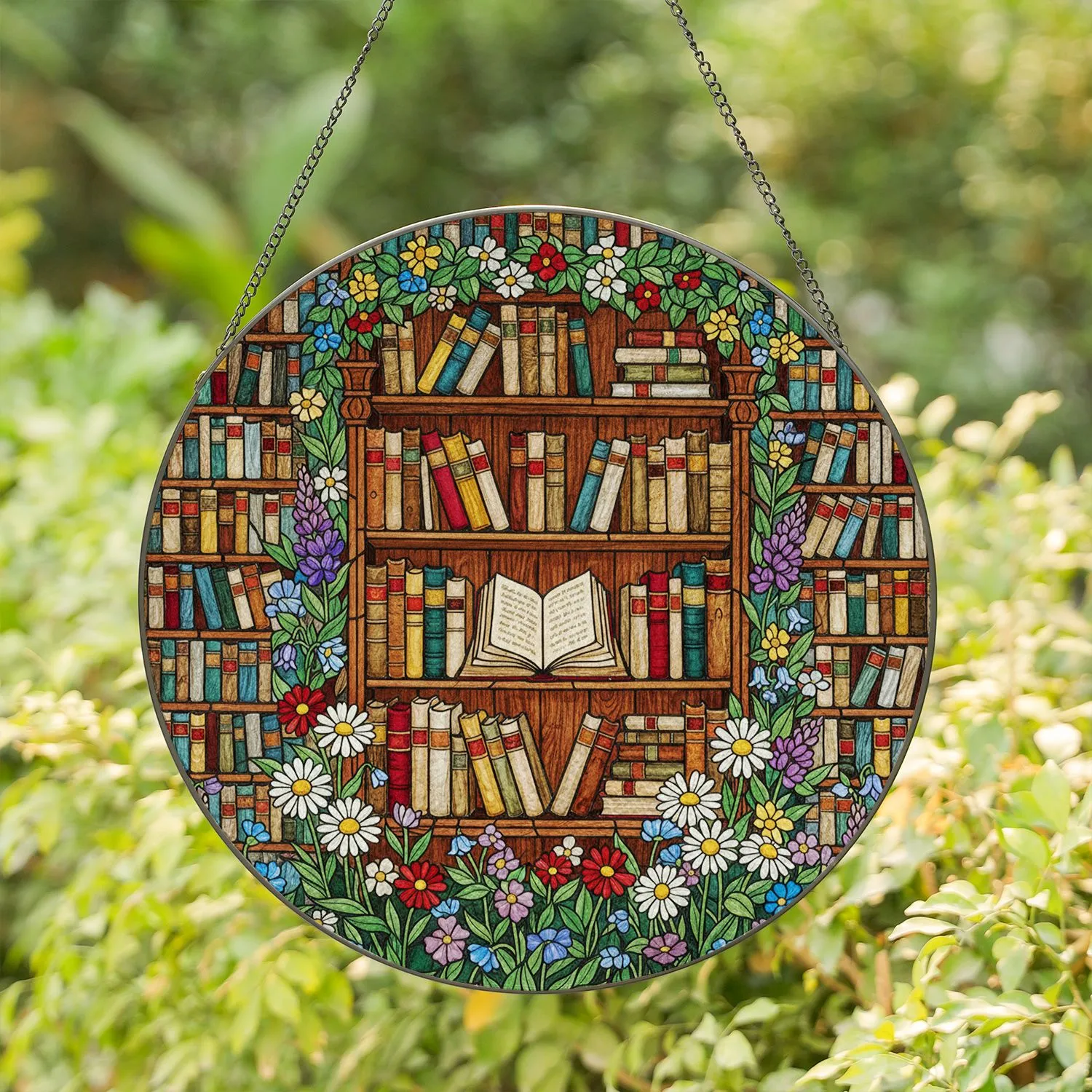 Vintage Bookshelf Wildflowers Stained Glass - Tiffany Style Book Lover Home Decor Stained Glass Suncatcher - 1
