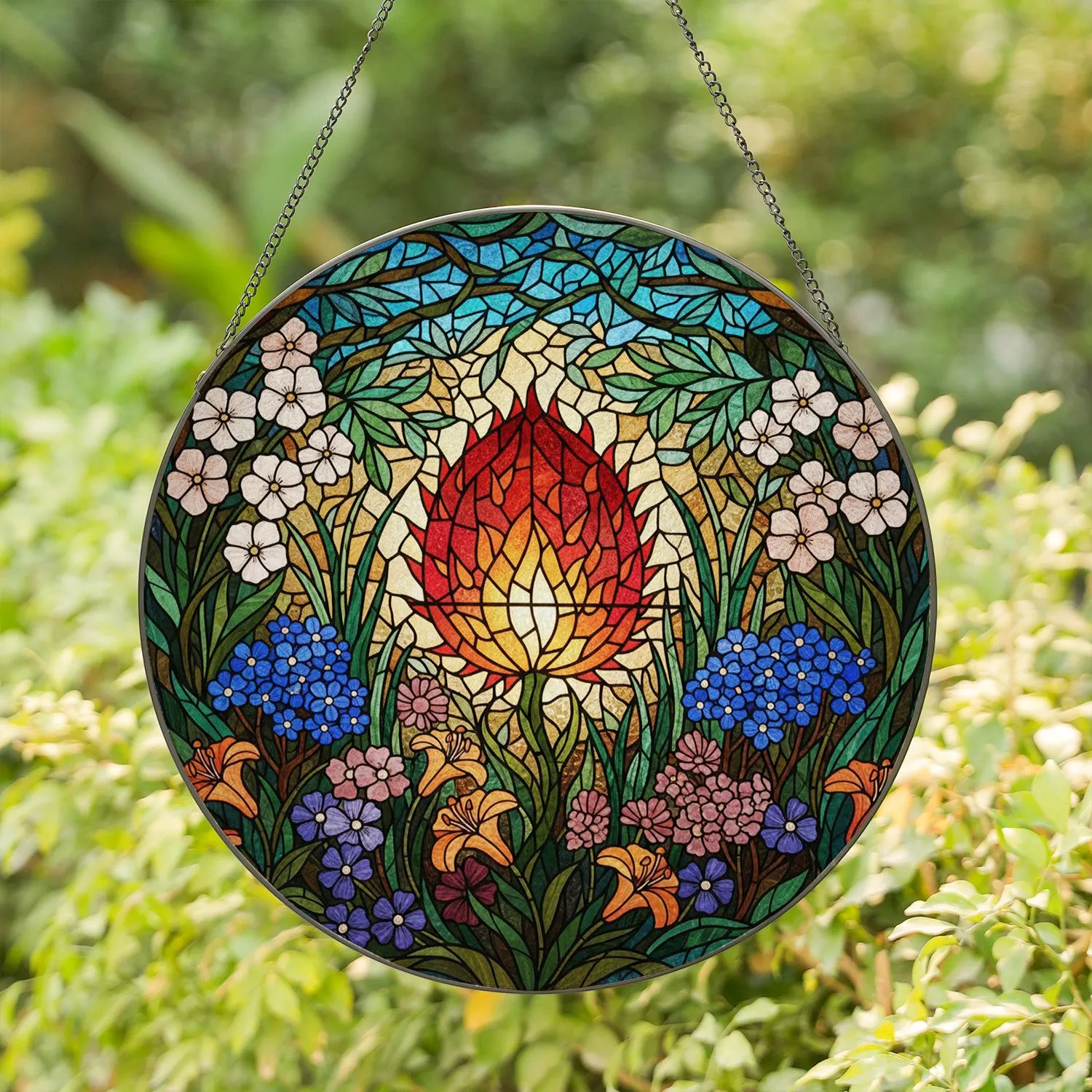 Tiffany Stained Glass Spiky Seed Pod Wildflower Botanical Garden Art Jewel Tones Stained Glass Suncatcher - 1