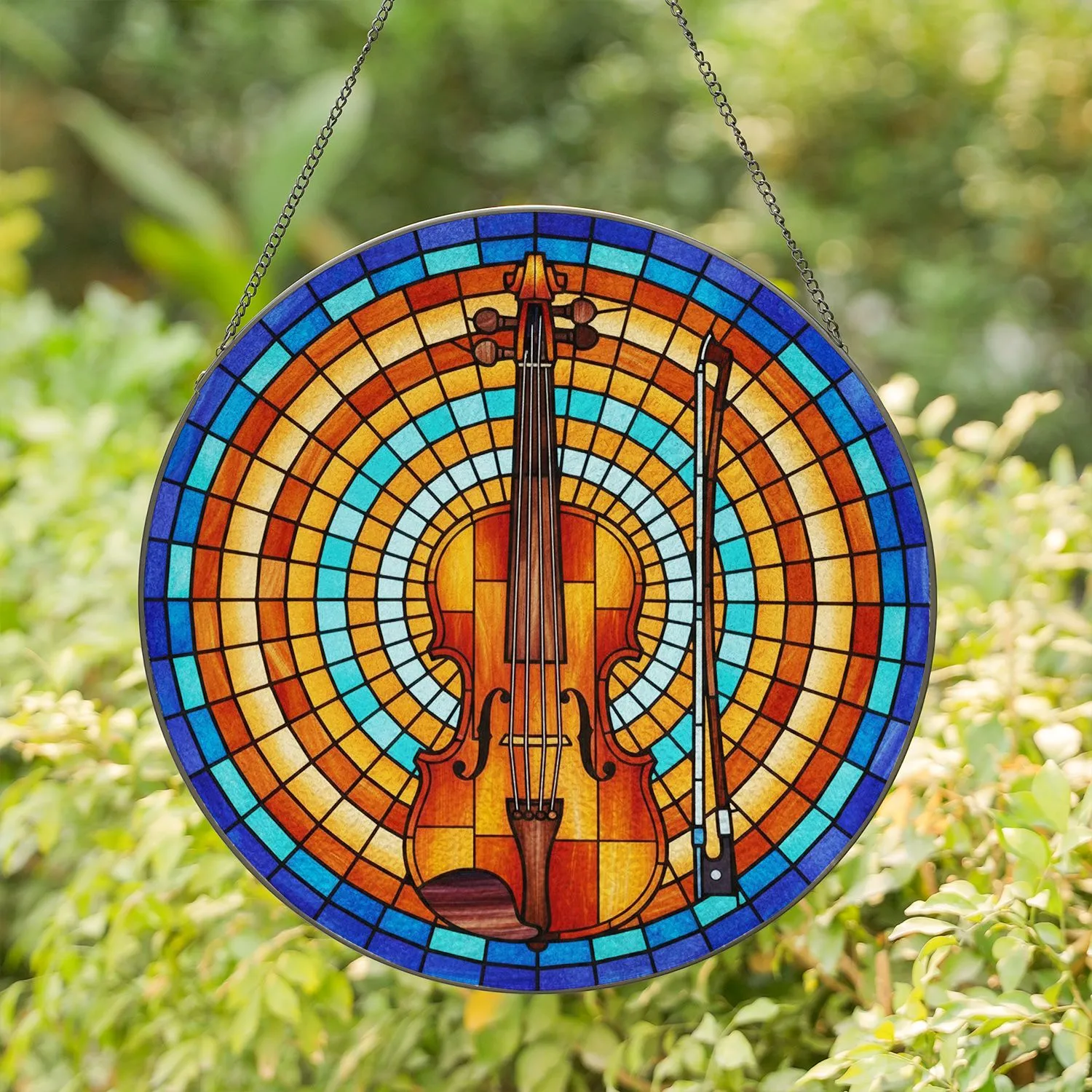 Intricate Stained Glass Violin & Bow Art - Tiffany Style Geometric Mosaic Stained Glass Suncatcher - 1