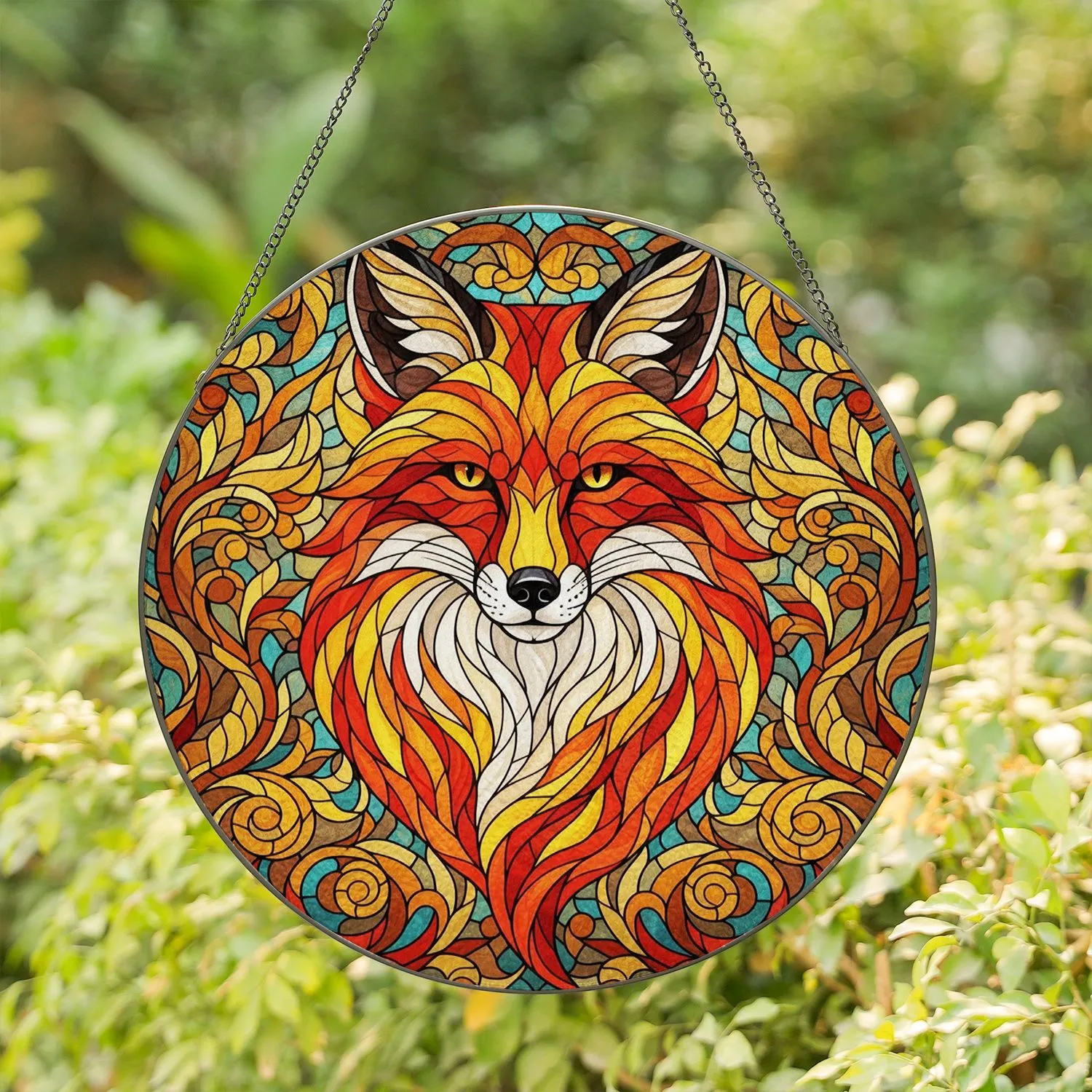 Stylized Fox Head Flame Mosaic Stained Glass Art with Intense Amber Eyes - Tiffany Decor Stained Glass Suncatcher - 1