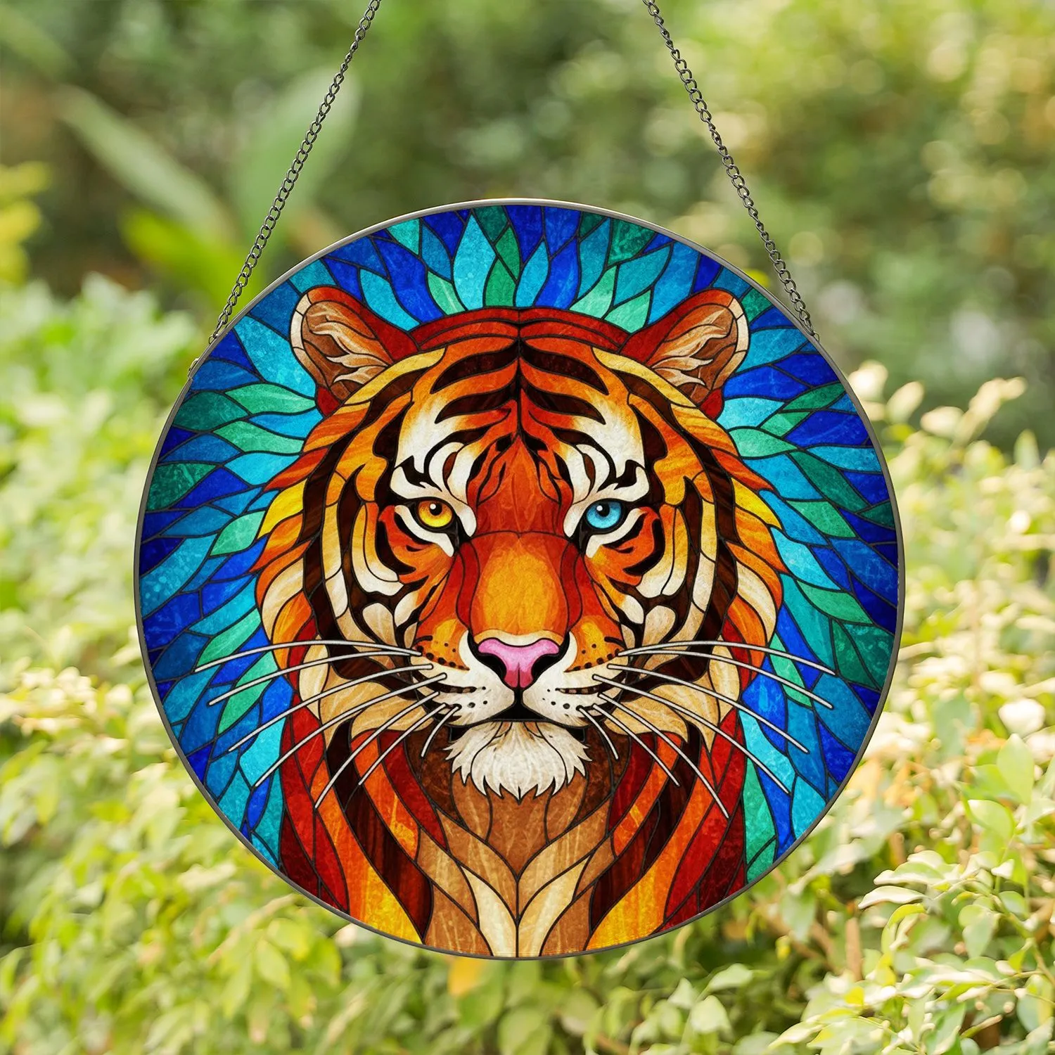 Intricate Tiger Head Stained Glass Mosaic - Heterochromatic Eyes Tiffany Glass Art Stained Glass Suncatcher - 1