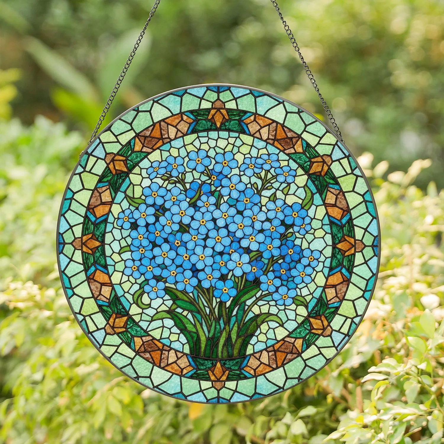 Vivid Blue Forget-Me-Not Flowers Stained Glass Art Tiffany Style Mosaic Background Decor Stained Glass Suncatcher - 1
