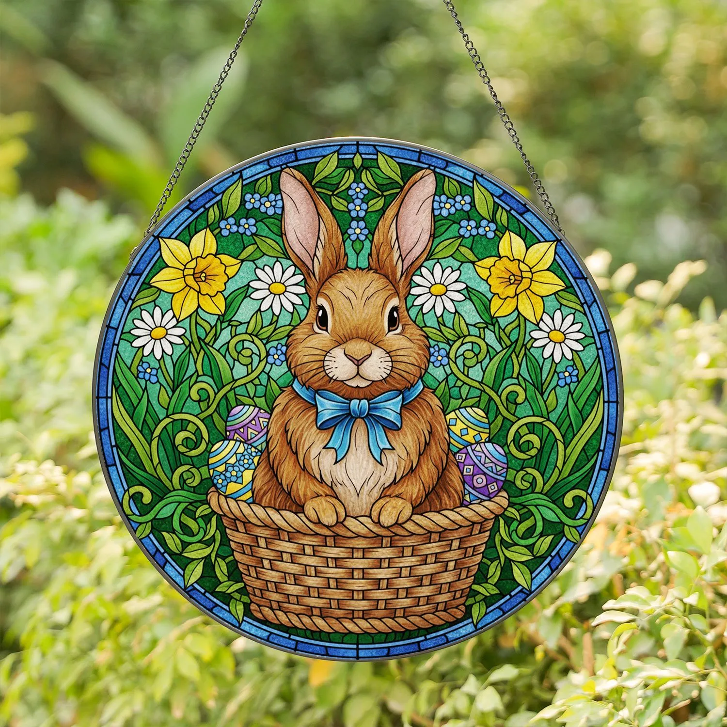 Fluffy Brown Rabbit Blue Bow Tie Easter Eggs Spring Flowers Mosaic - Tiffany Glass Art Stained Glass Suncatcher - 1