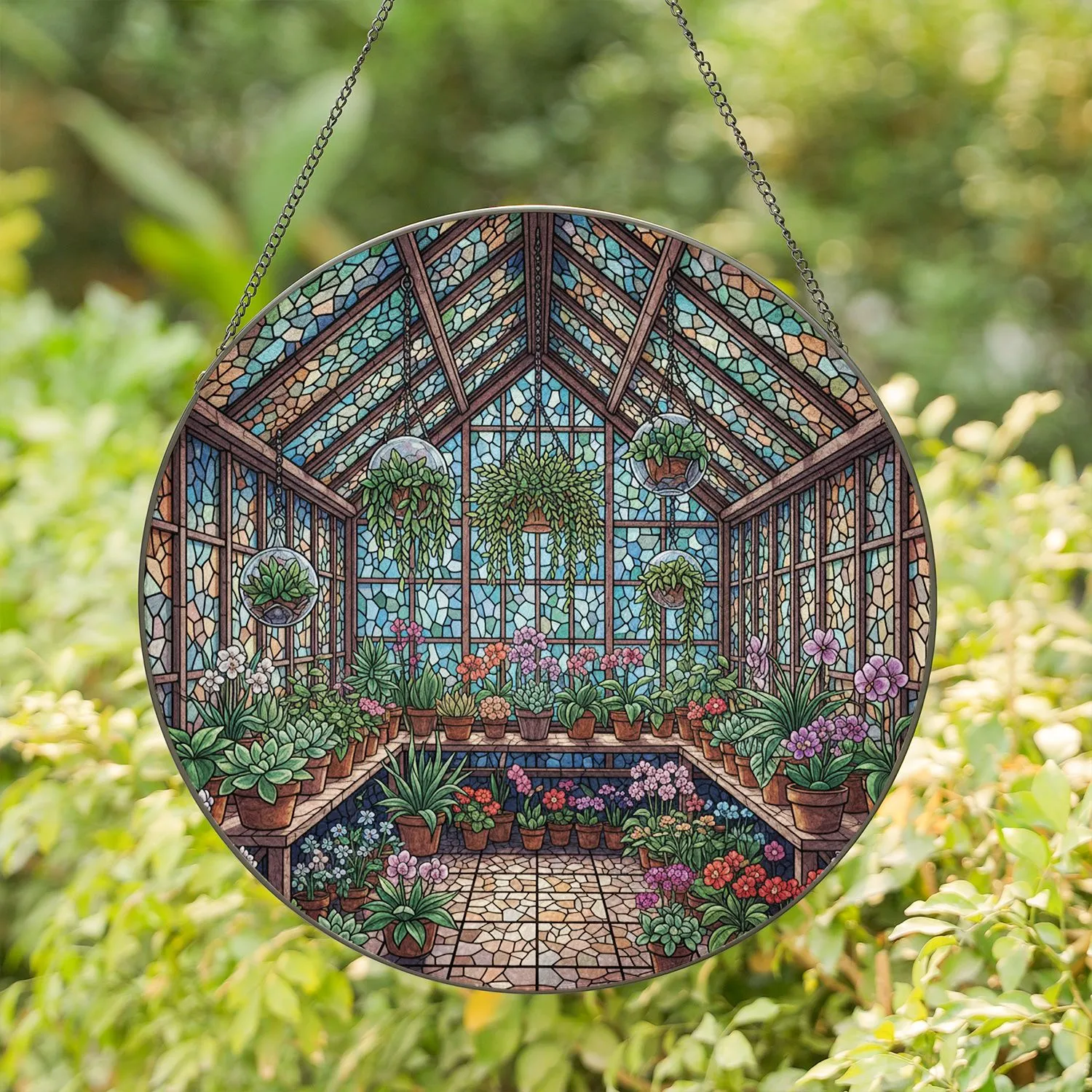 Tiffany Style Stained Glass Greenhouse Botanical Garden Potted Plants Decor Stained Glass Suncatcher - 1