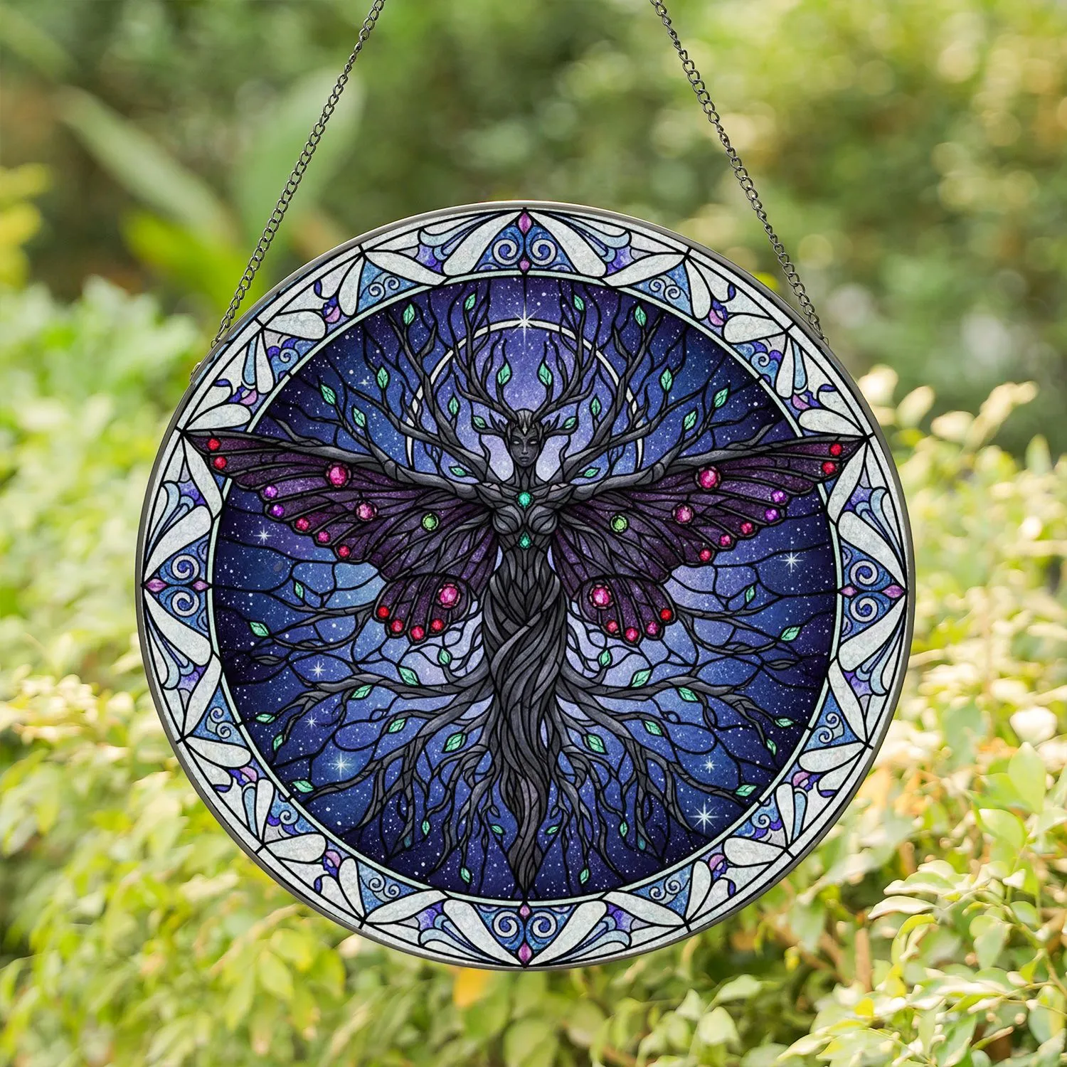 Intricate Dark Moth Figure Tiffany Stained Glass Cosmic Starry Night Jewel Accents Stained Glass Suncatcher - 1