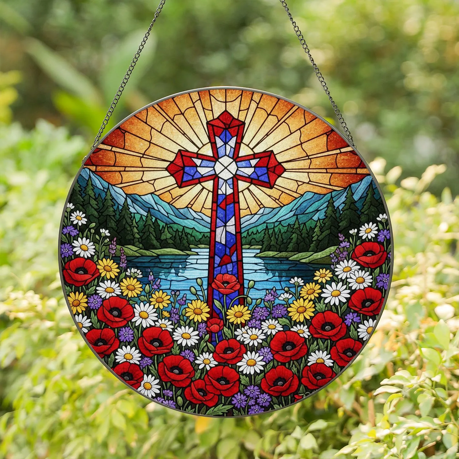 Christian Cross Tiffany Stained Glass Lake Mountain Floral Poppy Daisy Sunburst Sky Jewel Tone Stained Glass Suncatcher - 1