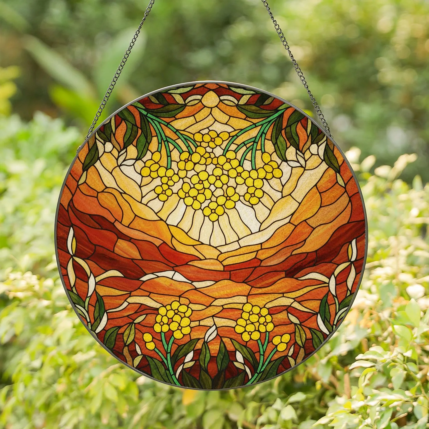 Vibrant Yellow Florets Green Foliage Stained Glass Tiffany Style Jewel Tone Mosaic Stained Glass Suncatcher - 1
