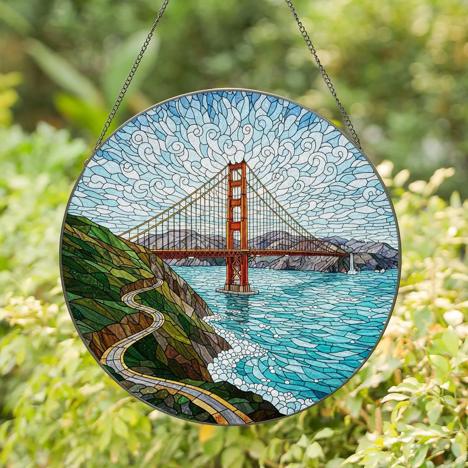Golden Gate Bridge Stained Glass - Intricate Bay Waterfall Mountain Hills Scenery Stained Glass Suncatcher - 1