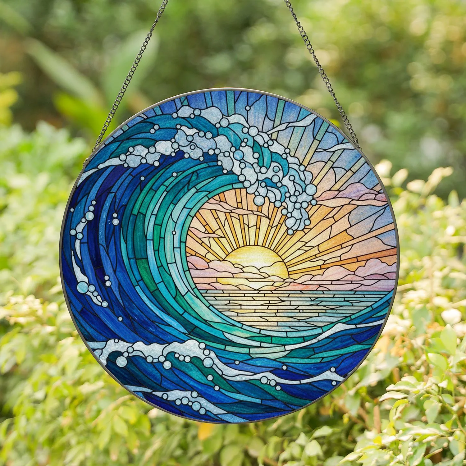 Majestic Ocean Wave Tiffany Glass Sunset Sky Scene - Iridescent Sea Foam Glass Art Stained Glass Suncatcher - 1