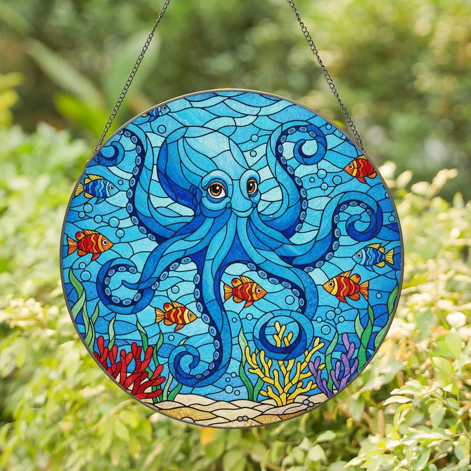 Detailed Blue Octopus Tropical Fish Underwater Seascape Edge-to-Edge Stained Glass Art Stained Glass Suncatcher - 1