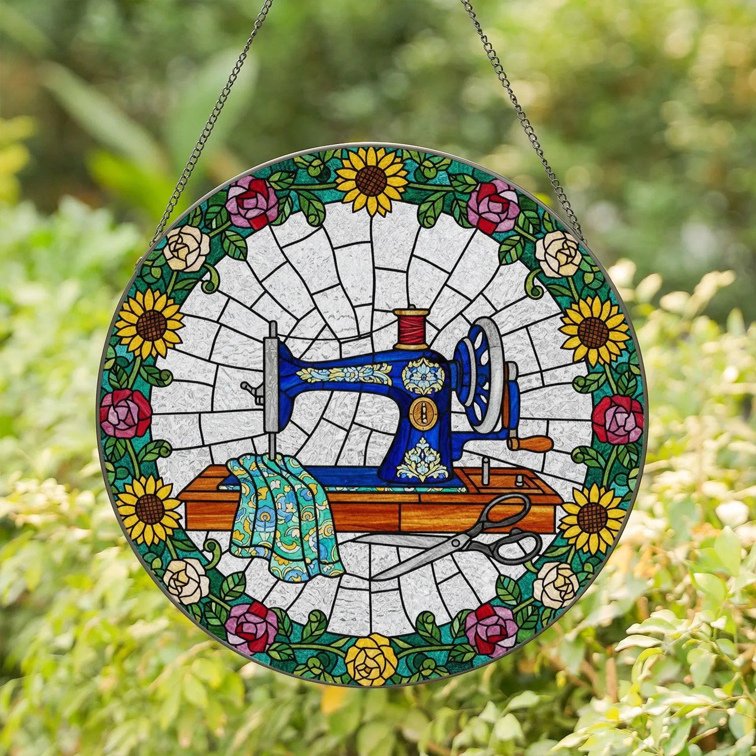 Old-Fashioned Sewing Machine Stained Glass - Floral Fabric Scissors Roses Sunflowers Tiffany Art Stained Glass Suncatcher - 1