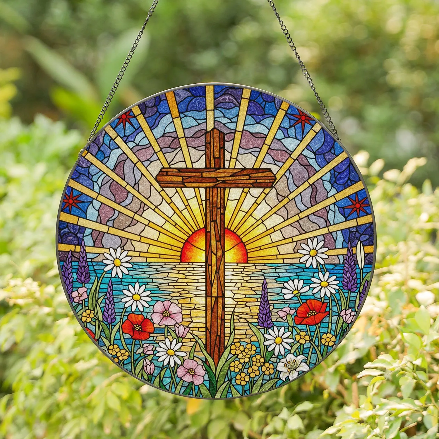 Rustic Wooden Cross Wildflowers Tiffany Stained Glass Sunrise Sunset Water Scene Stained Glass Suncatcher - 1
