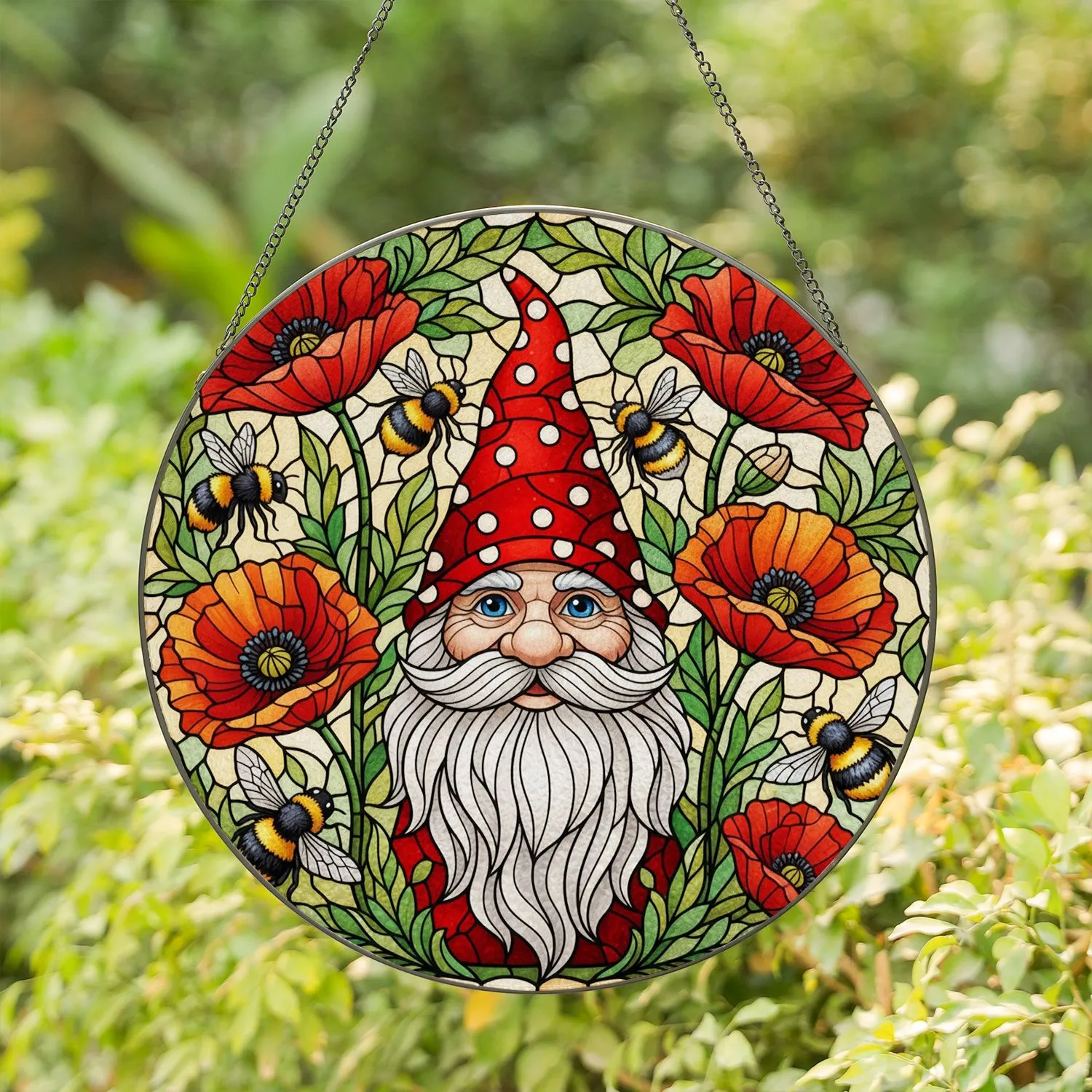 Friendly Gnome Poppy Flowers Bumblebee Stained Glass Art - Tiffany Style Design Stained Glass Suncatcher - 1