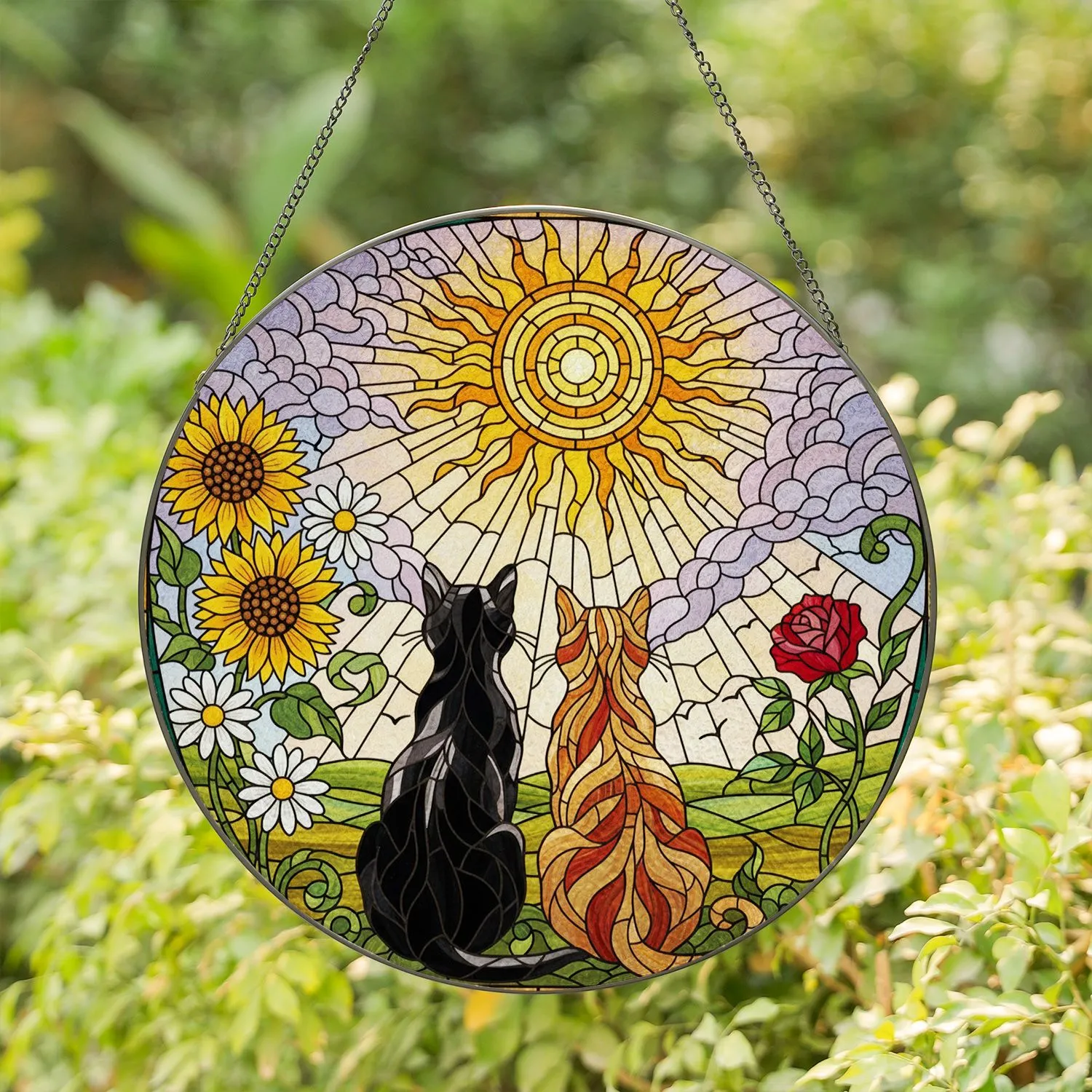 Black Orange Tabby Cats Sunflowers Daisies Rose Radiant Sun Tiffany Stained Glass Window Art Stained Glass Suncatcher - 1