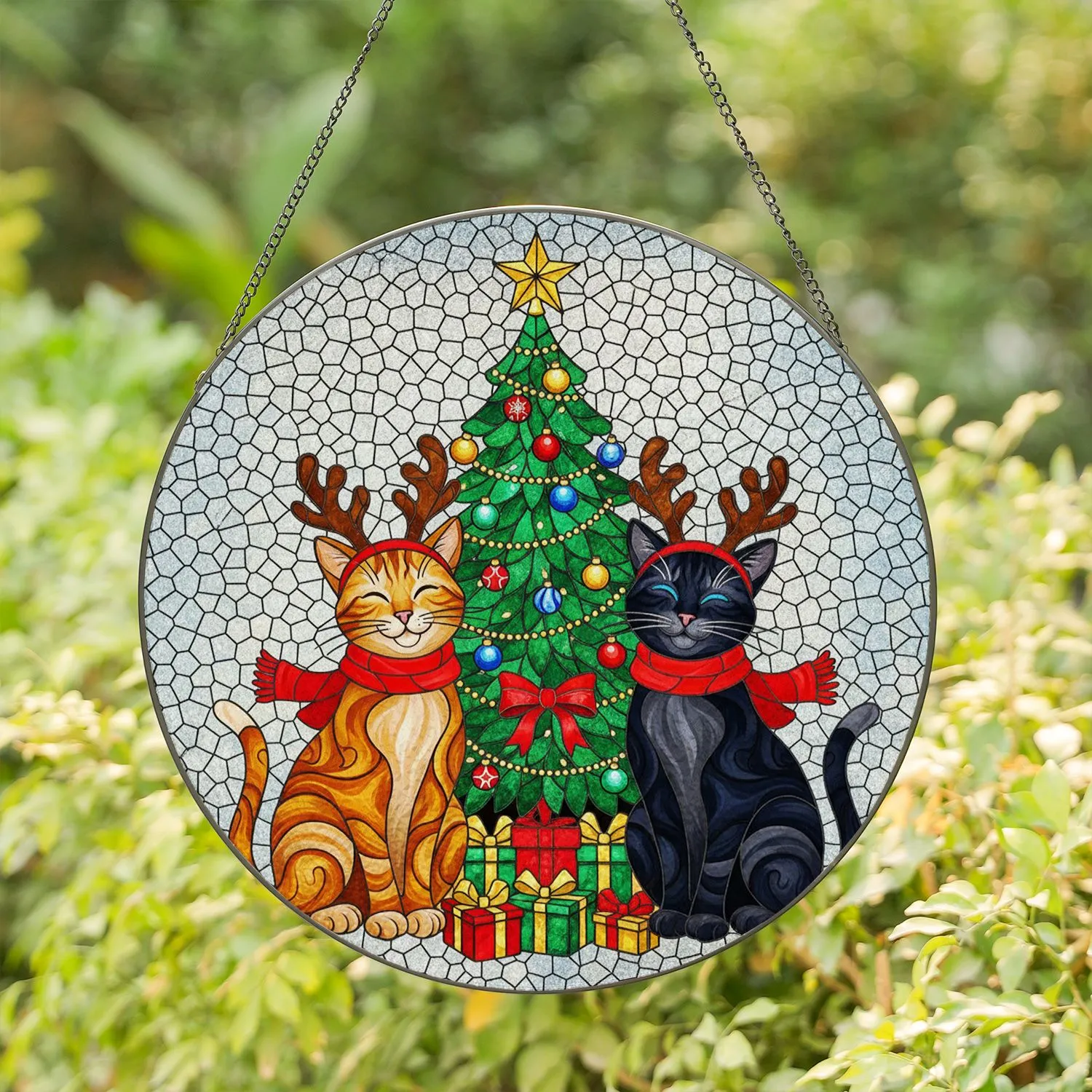 Festive Cats Red Scarves Antlers Christmas Tree Tiffany Stained Glass Window Decor Gift Stained Glass Suncatcher - 1