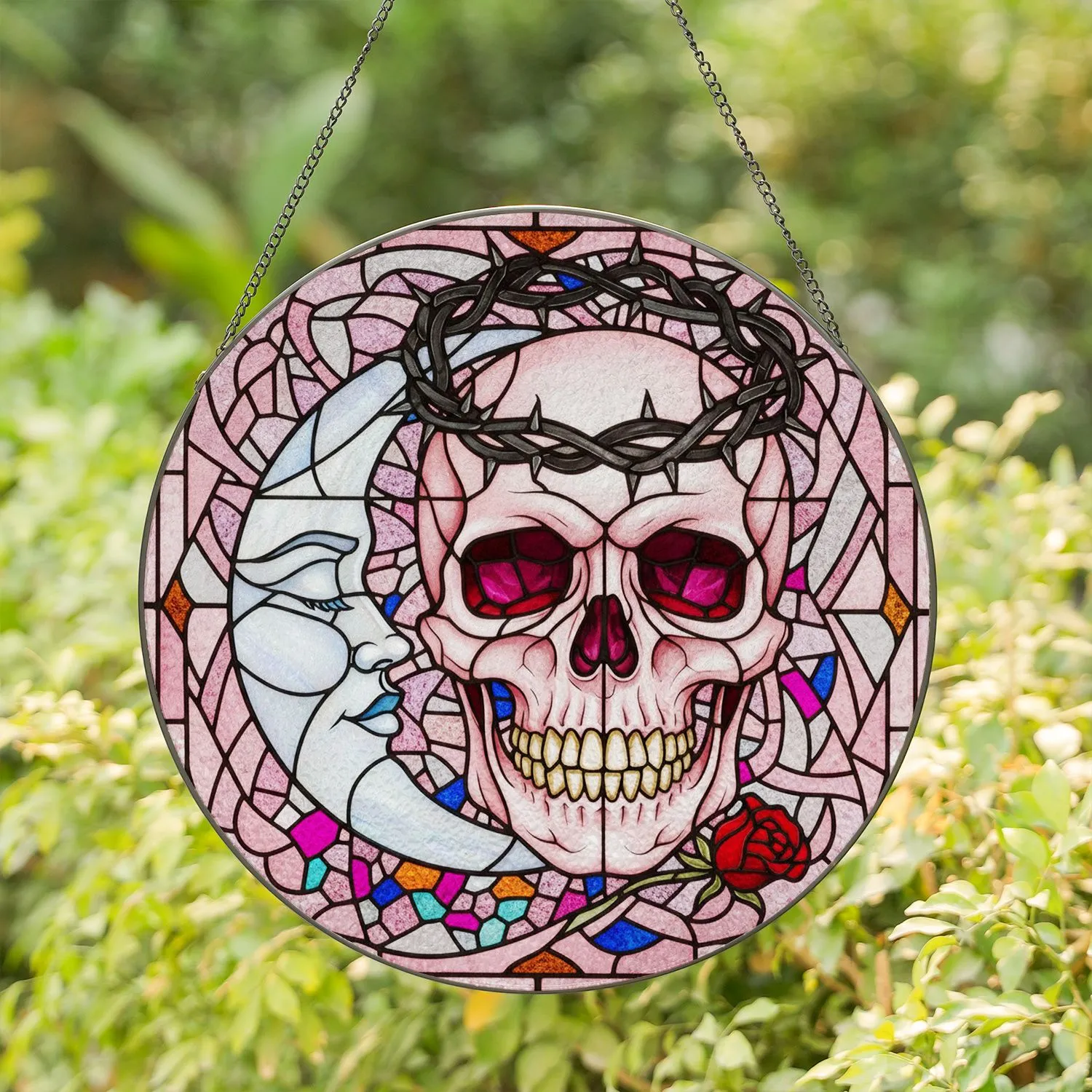 Pink Skull Golden Teeth Crescent Moon Rose Thorny Wreath Stained Glass Tiffany Art Stained Glass Suncatcher - 1