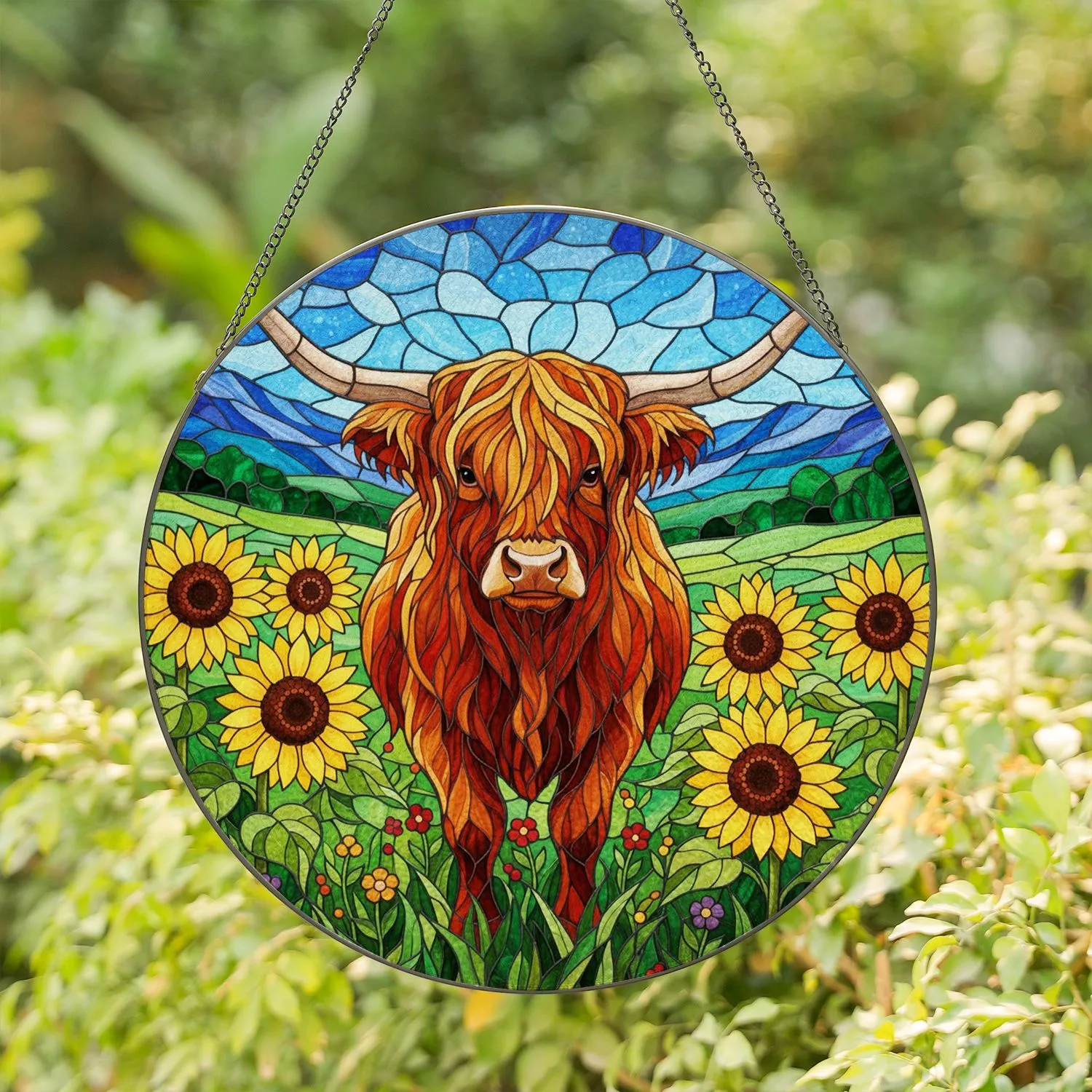 Highland Cow Sunflower Stained Glass Art - Tiffany Style Pastoral Landscape Jewel Tones Stained Glass Suncatcher - 1
