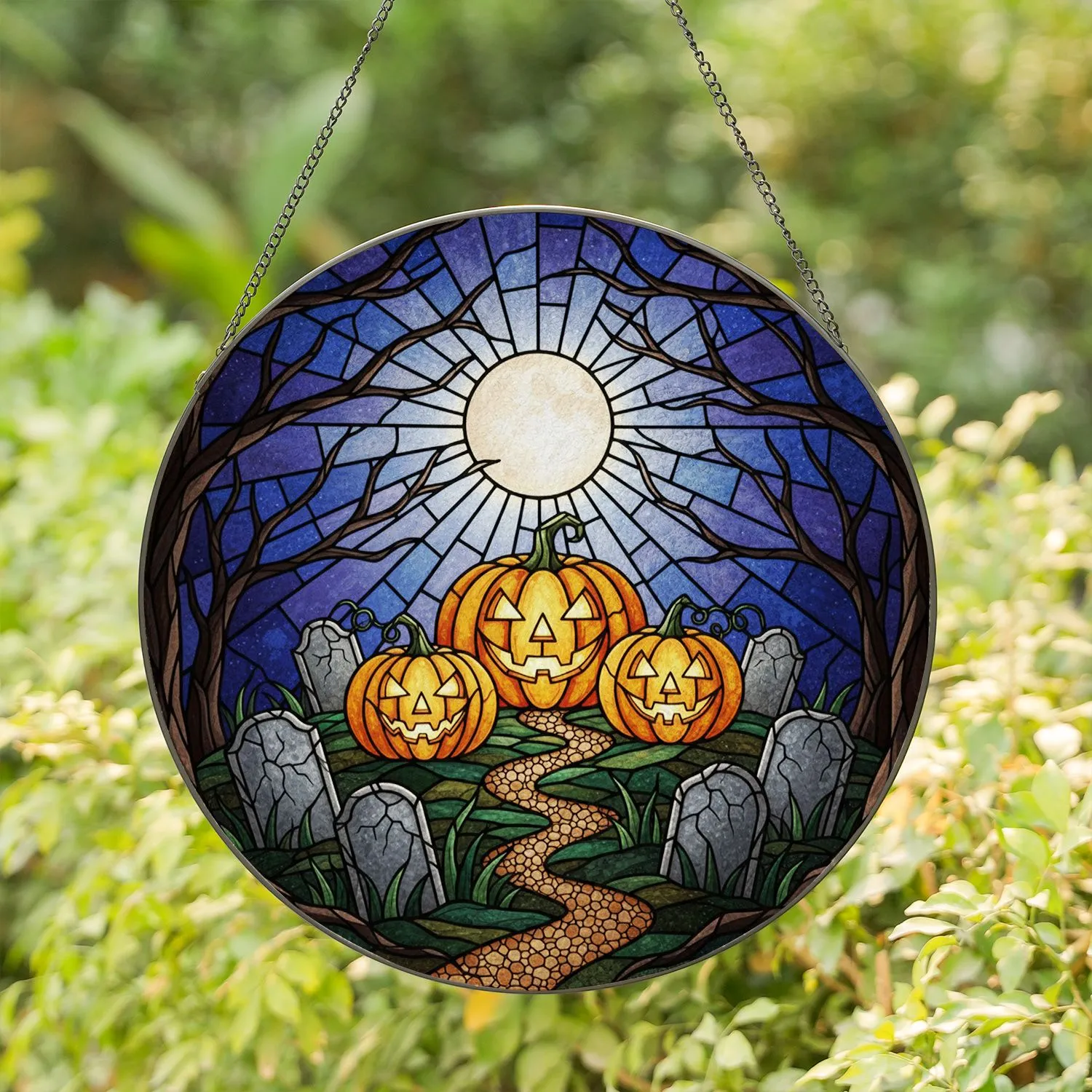 Jack-o'-lantern Gravestone Full Moon Twilight Tiffany Glass - Halloween Fall Decor Stained Glass Suncatcher - 1