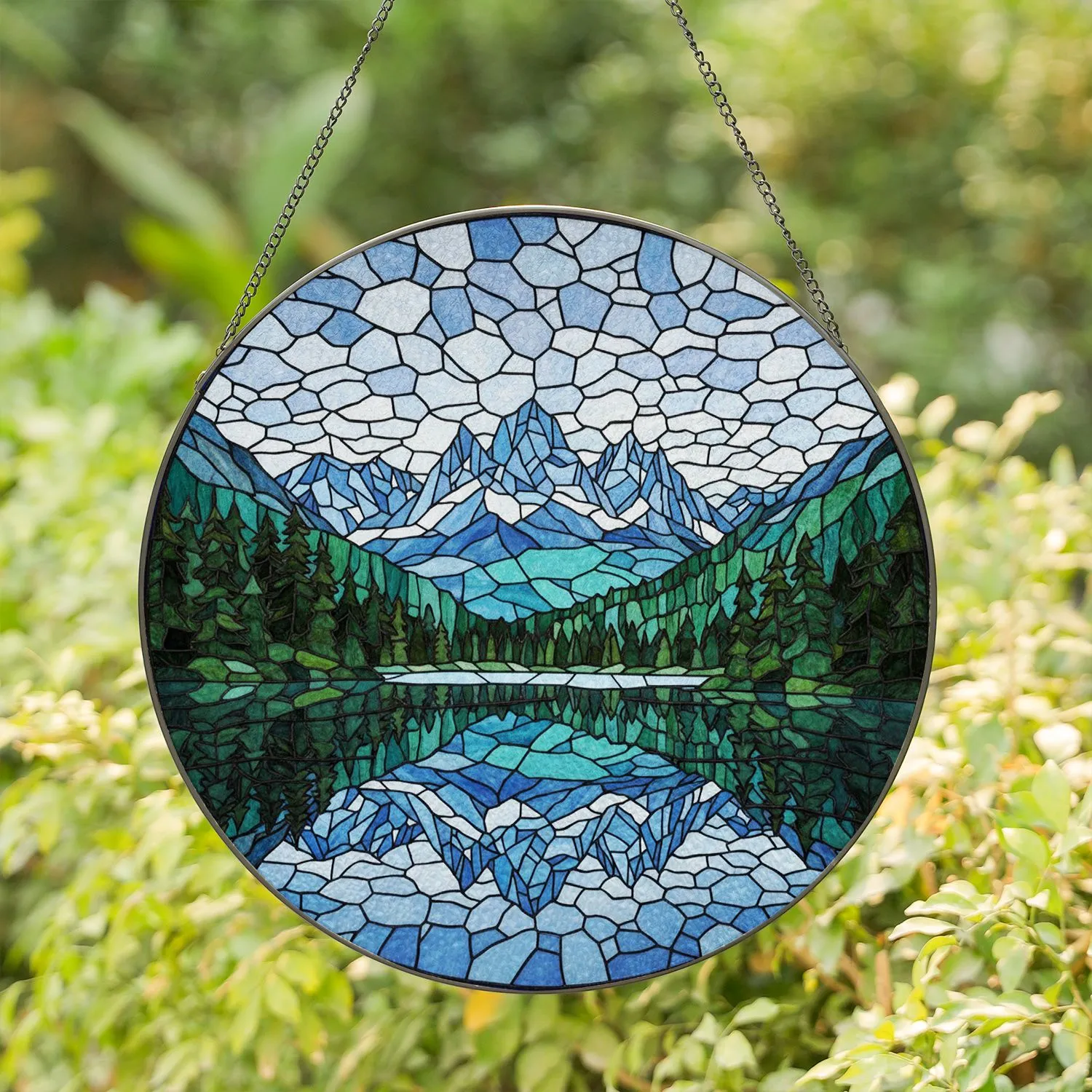 Mountain Lake Evergreen Forest Snow-capped Peaks Cloudy Sky Jewel Tone Stained Glass Stained Glass Suncatcher - 1