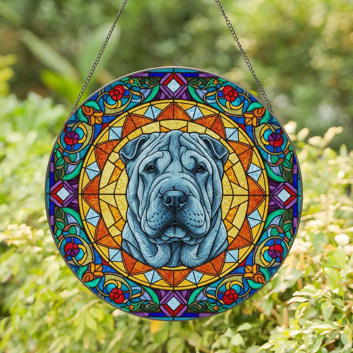 Majestic Blue-Grey Shar-Pei Dog Stained Glass Art - Tiffany Style Wrinkled Dog Stained Glass Suncatcher - 1