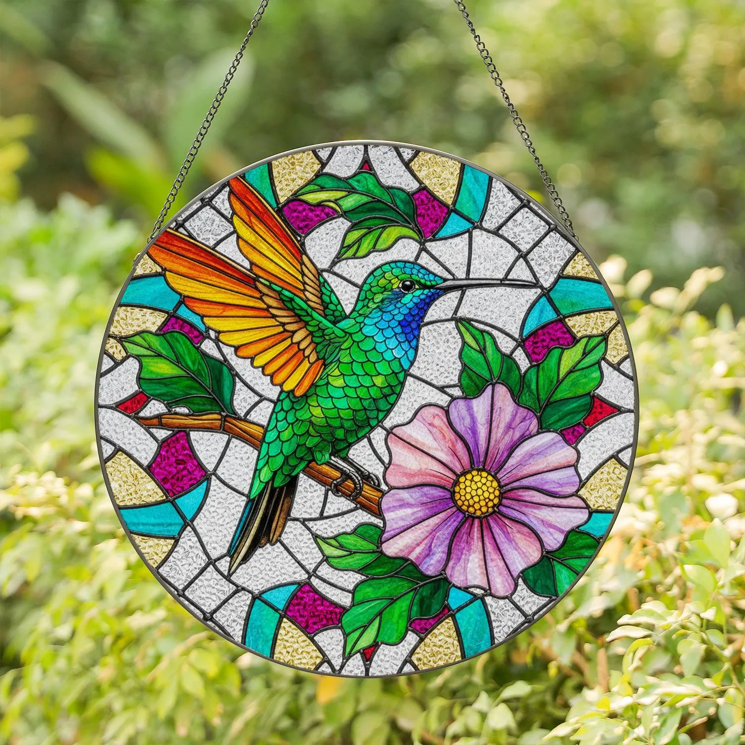 Hummingbird Tiffany Stained Glass - Emerald Green Bird, Orange Teal Wings, Purple Flower Stained Glass Suncatcher - 1