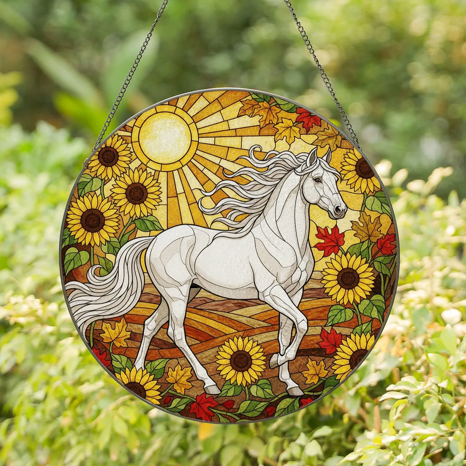 White Horse Sunflowers Autumn Leaves Tiffany Stained Glass Sun & Rolling Hills Stained Glass Suncatcher - 1