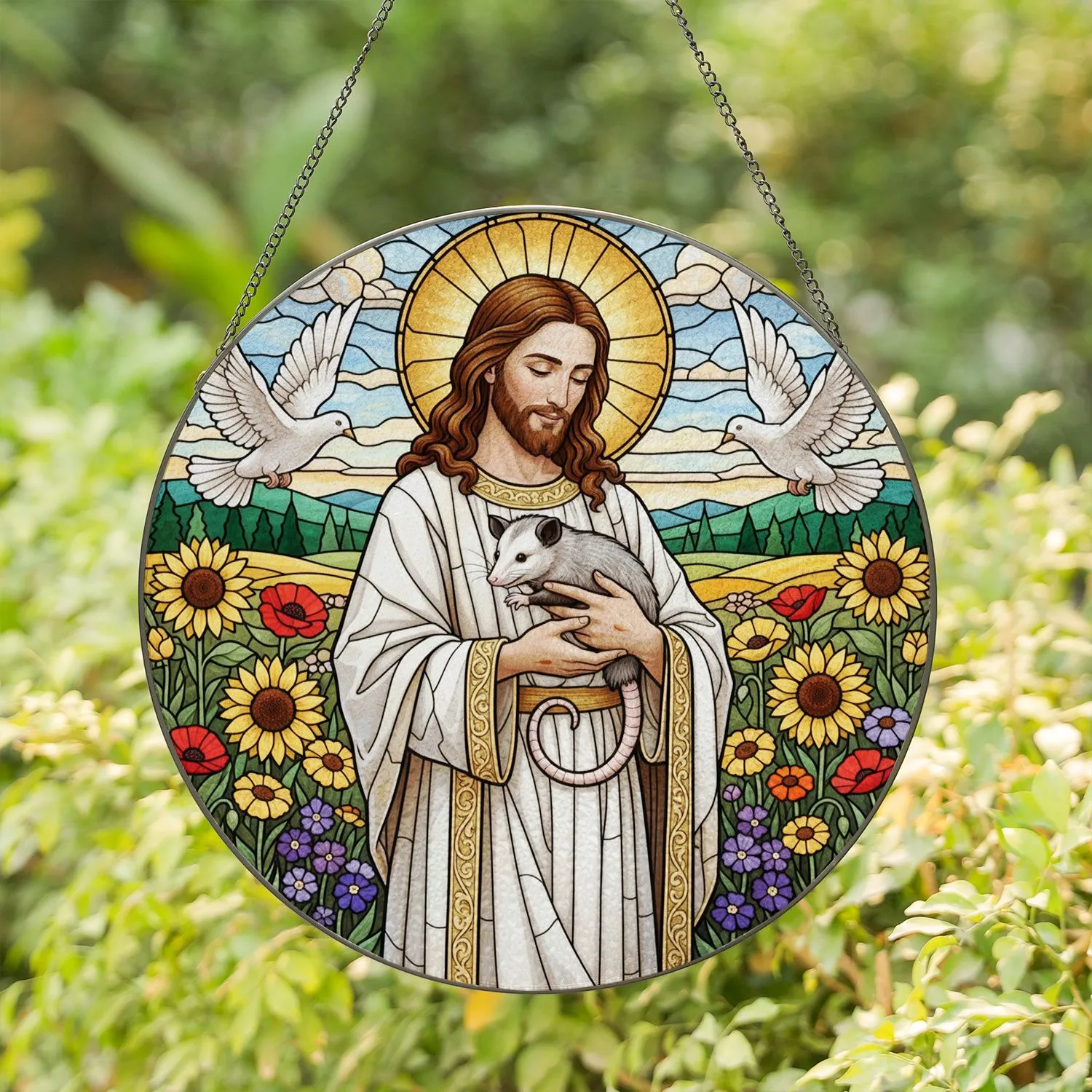 Jesus Christ Opossum Doves Radiant Halo Tiffany Stained Glass Wildflower Garden Mosaic Sky Stained Glass Suncatcher - 1