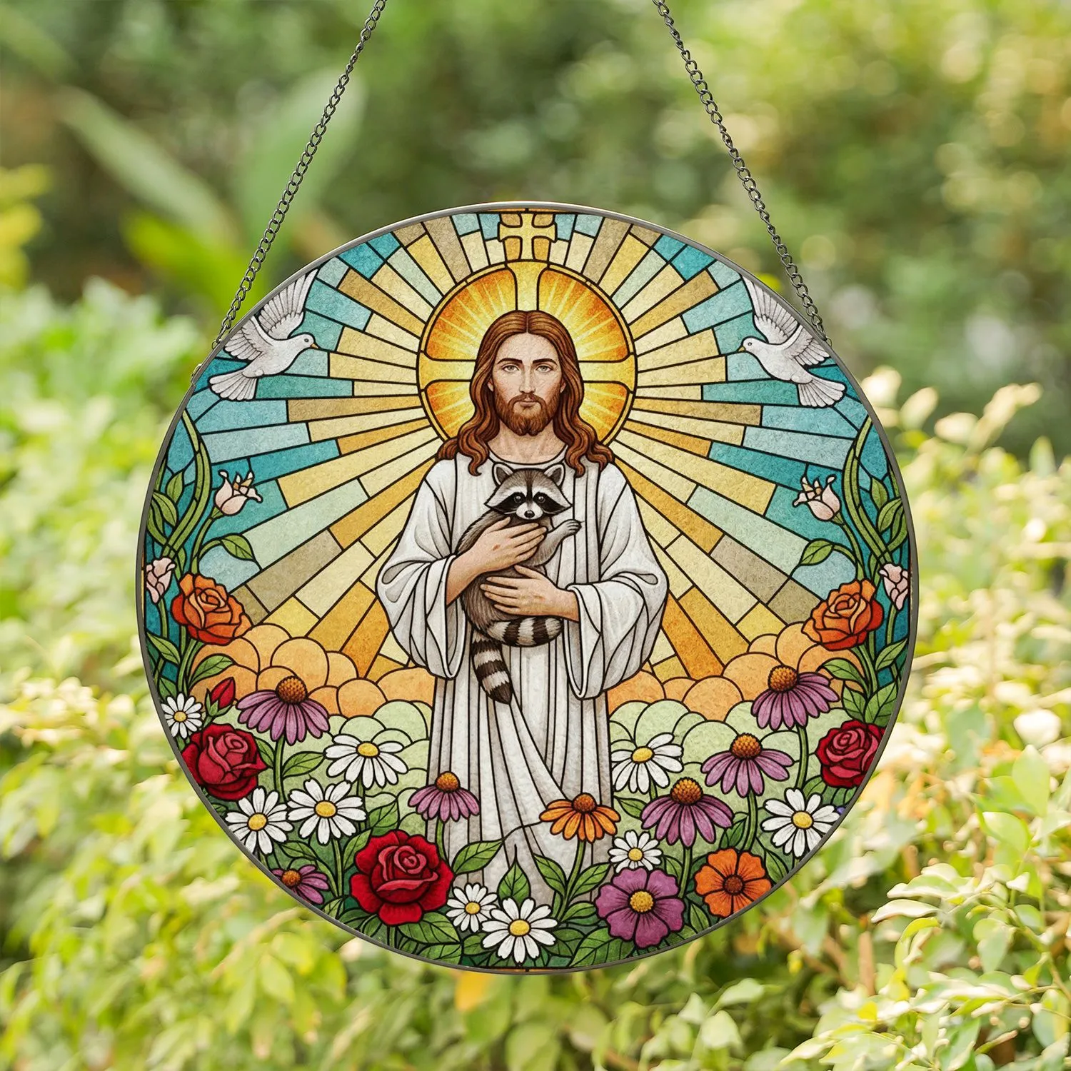 Jesus Christ Raccoon Stained Glass Art with Doves & Wildflowers - Golden Halo Design Stained Glass Suncatcher - 1