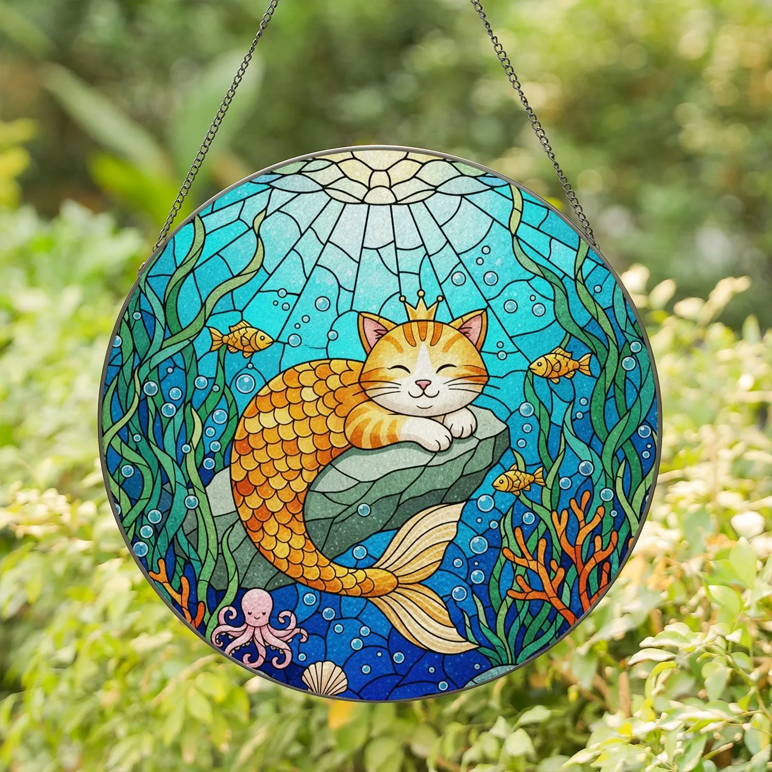 Ginger Cat Mermaid on Rock Underwater Stained Glass Ocean Scene, Aquatic Home Decor Gift Stained Glass Suncatcher - 1