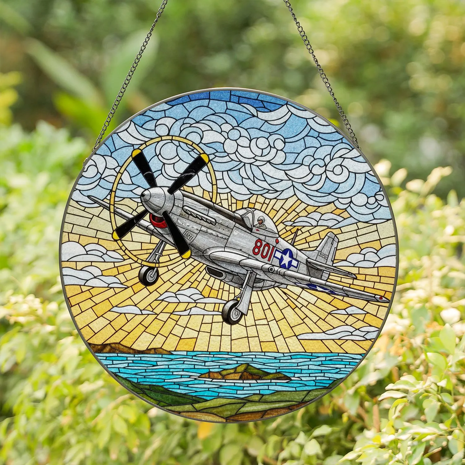 P-51 Mustang Fighter Plane Stained Glass Art - US Star Insignia Cloud, Water & Land Scene Stained Glass Suncatcher - 1
