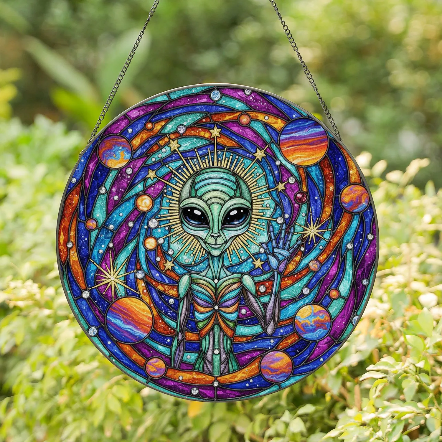 Friendly Alien Stained Glass Cosmic Nebula Stars Planets - Tiffany Style Space Art Gift Stained Glass Suncatcher - 1