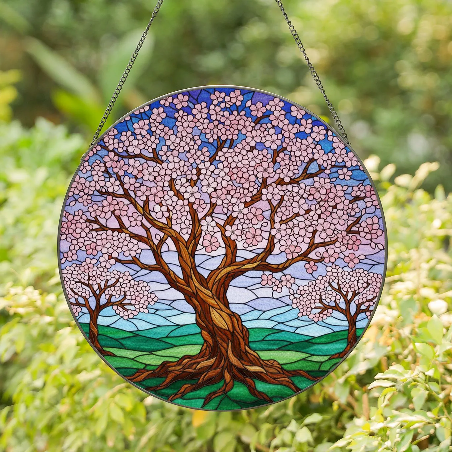 Majestic Gnarled Tree Cherry Blossom Tiffany Stained Glass with Intricate Roots - Vibrant Pink Stained Glass Suncatcher - 1