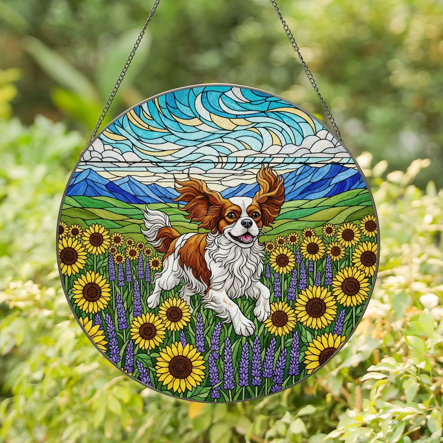 Stained Glass Cavalier King Charles Spaniel Sunflowers Lavender Rolling Hills Mosaic Sky Stained Glass Suncatcher - 1