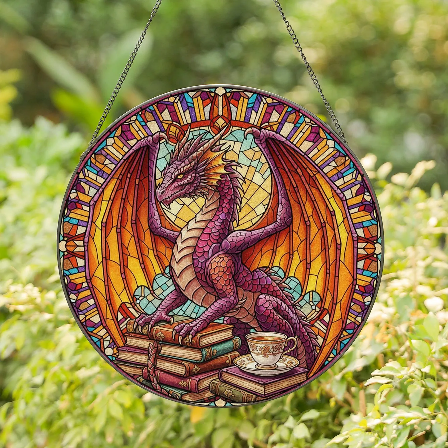 Majestic Dragon Stained Glass Art Books Teacup Mosaic Pattern Tiffany Style Jewel Tones Stained Glass Suncatcher - 1