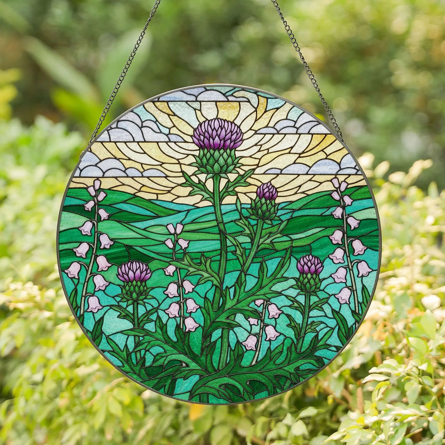 Scottish Thistle Wildflower Tiffany Glass Mosaic Hills Sky - Jewel Tone Nature Art Stained Glass Suncatcher - 1
