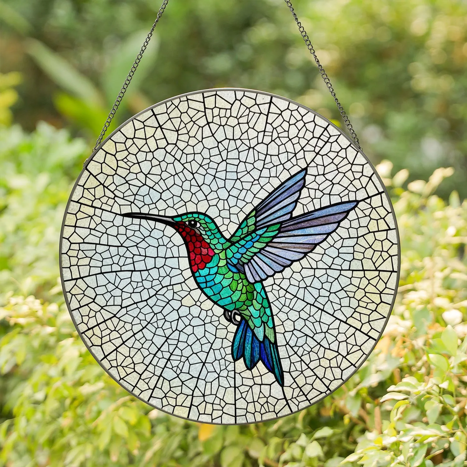 Ruby-Throated Hummingbird Stained Glass - Tiffany Style Mosaic with Iridescent Jewel Tones Stained Glass Suncatcher - 1