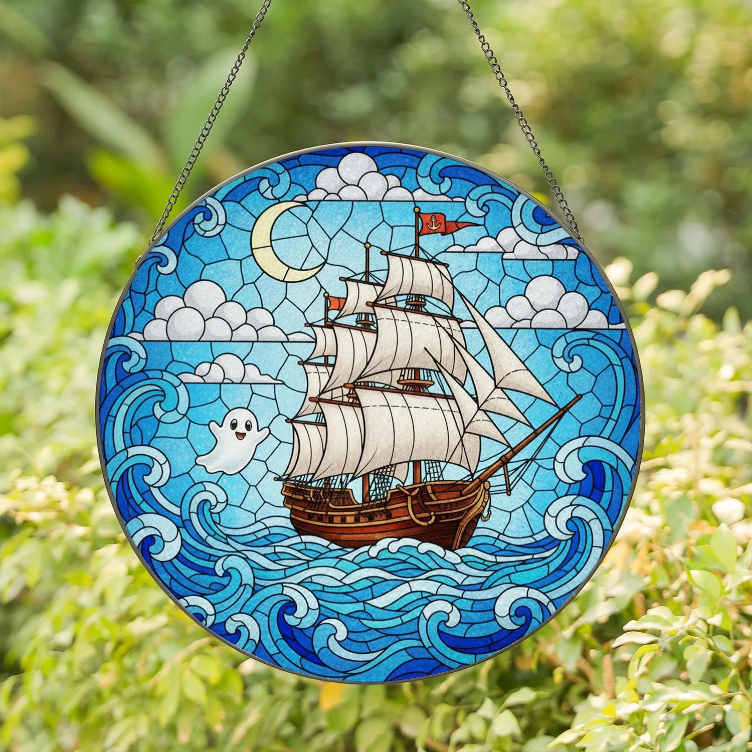 Tall Ship Ghost Crescent Moon Tiffany Stained Glass - Ocean Mosaic Sea Nautical Art Stained Glass Suncatcher - 1