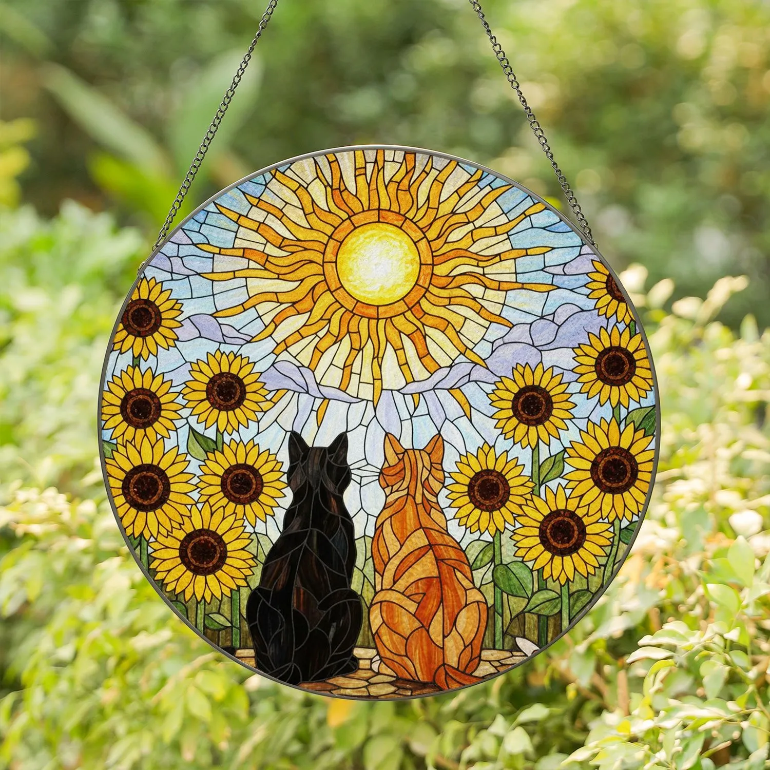 Black Cat Orange Tabby Sunflowers Sun Mosaic Stained Glass Tiffany Style Cat Lover Stained Glass Suncatcher - 1