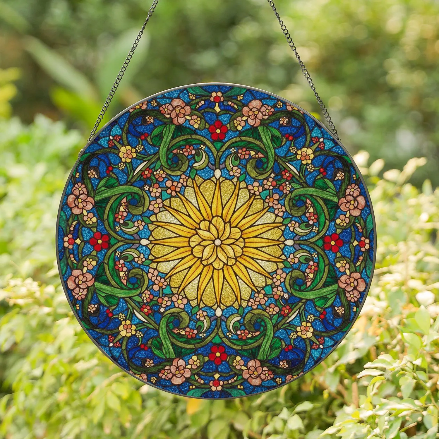 Golden Sunburst Mandala Floral Star - Tiffany Stained Glass Jewel Tone Flora Fauna Mosaic Art Stained Glass Suncatcher - 1